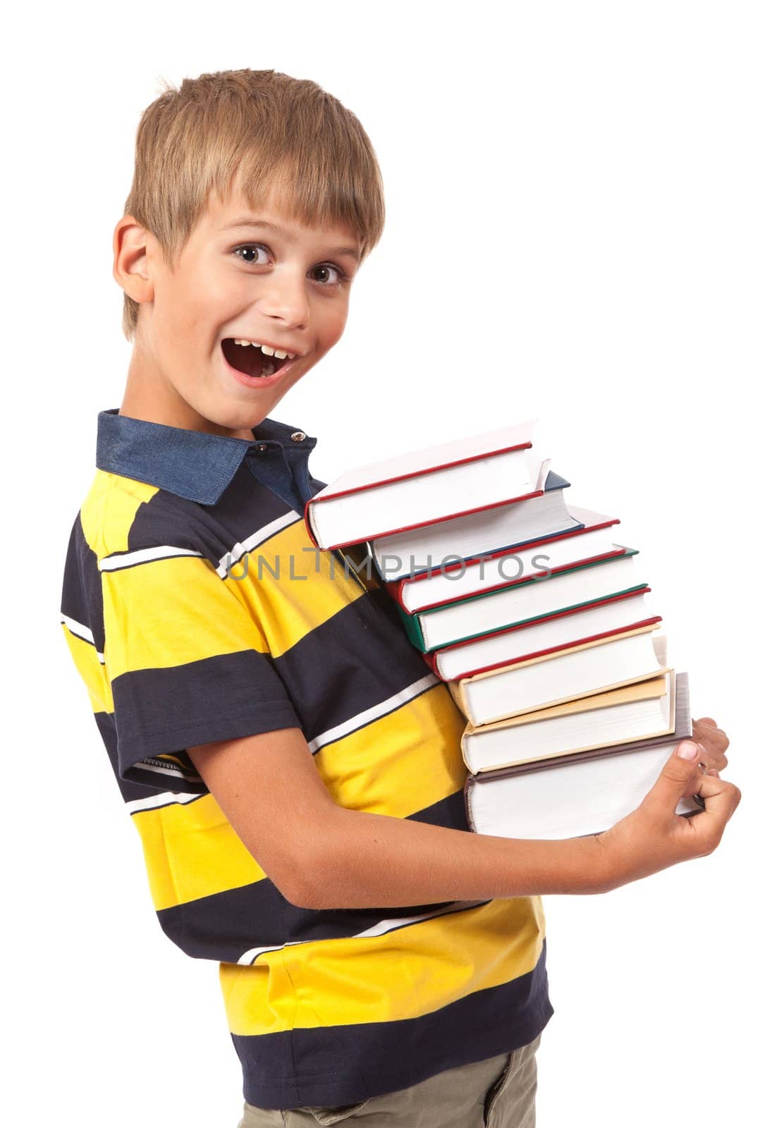 School boy is holding books isolated on white background