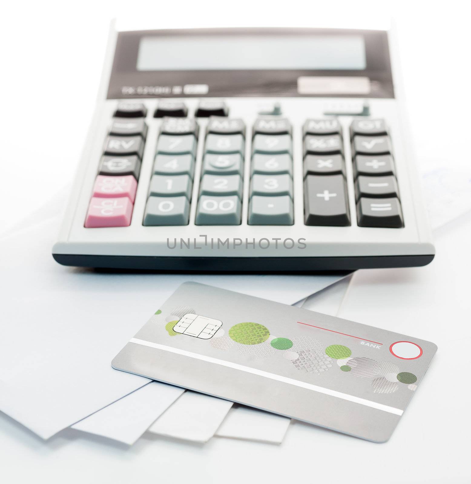 Credit card and Calculator on white Envelope isolate white background