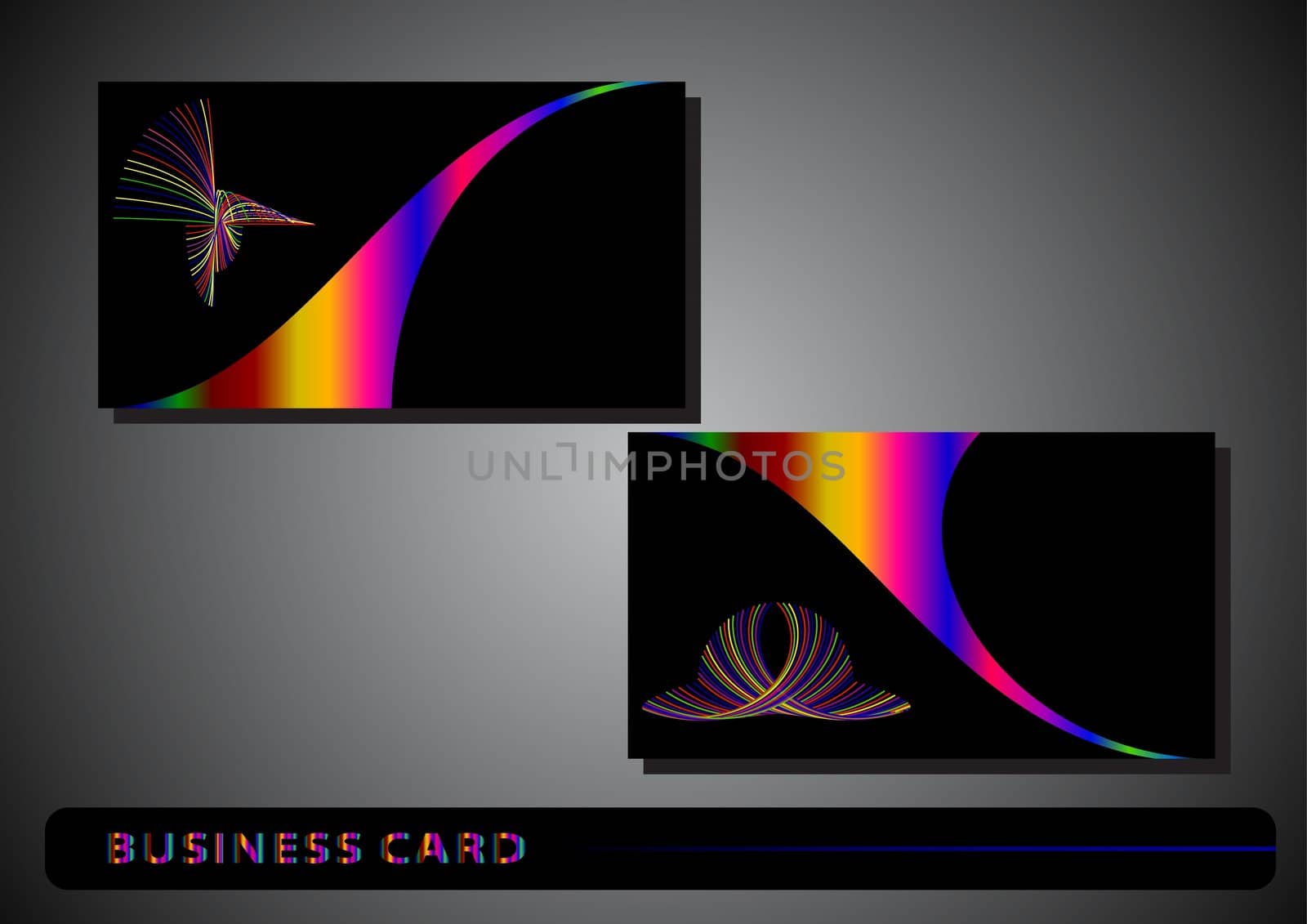 business card with a colorful logo on a black background