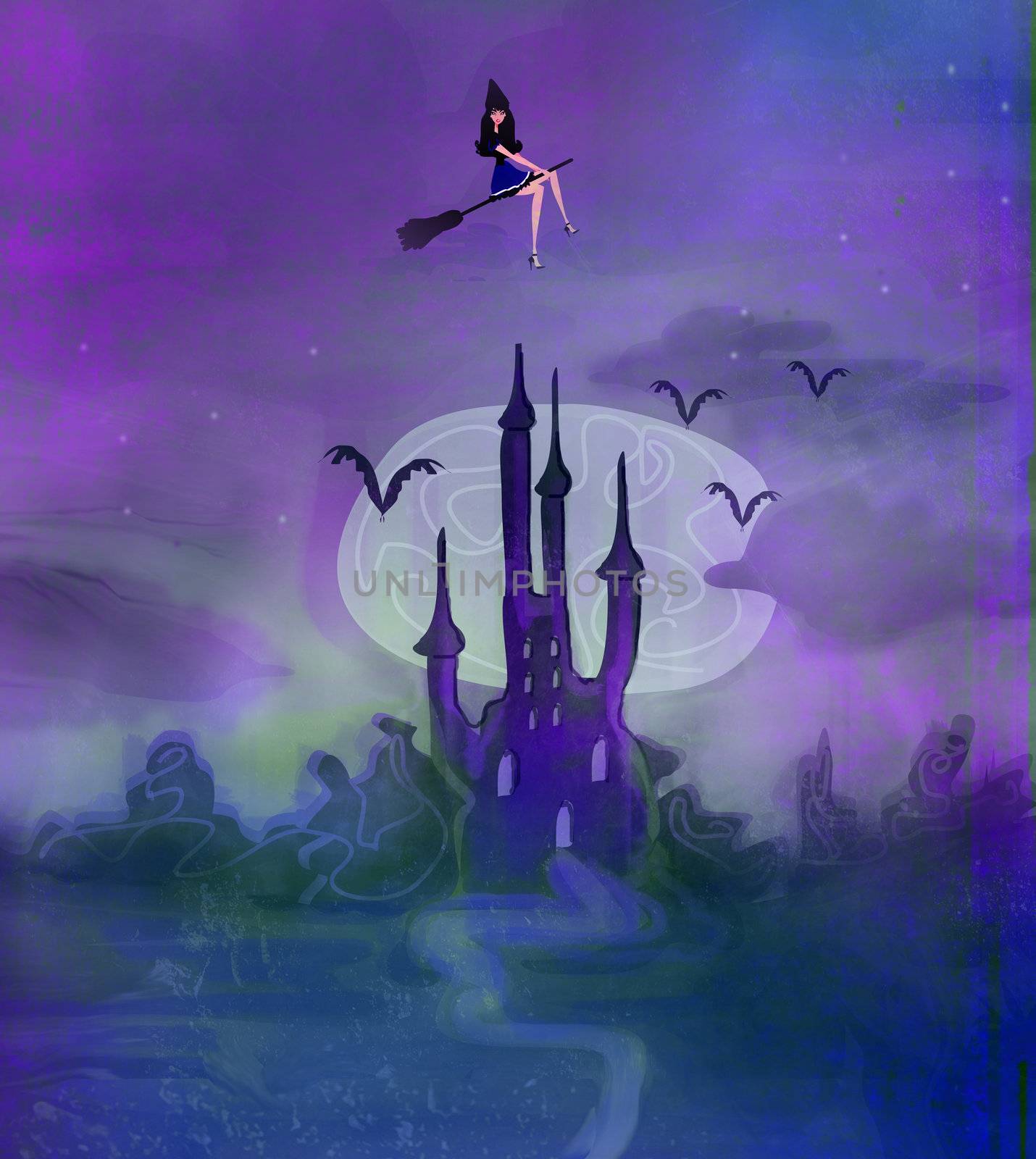 Witch flying on a broom in moonlight.