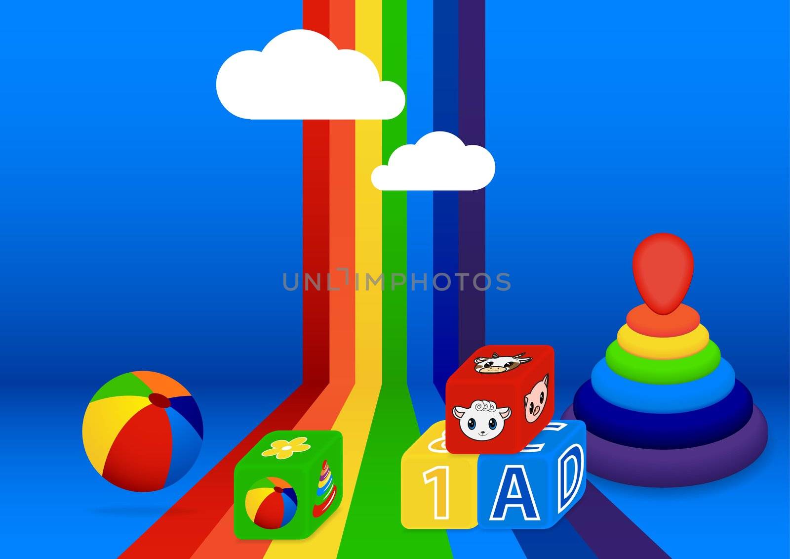 greeting card with a rainbow and toys for children