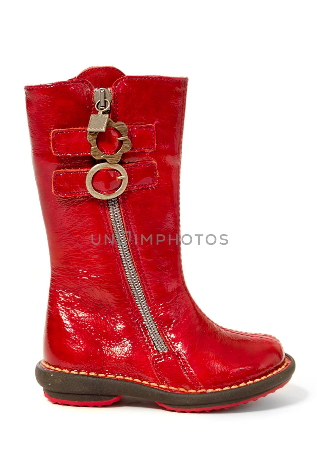 A red boot. Taken on a white background.