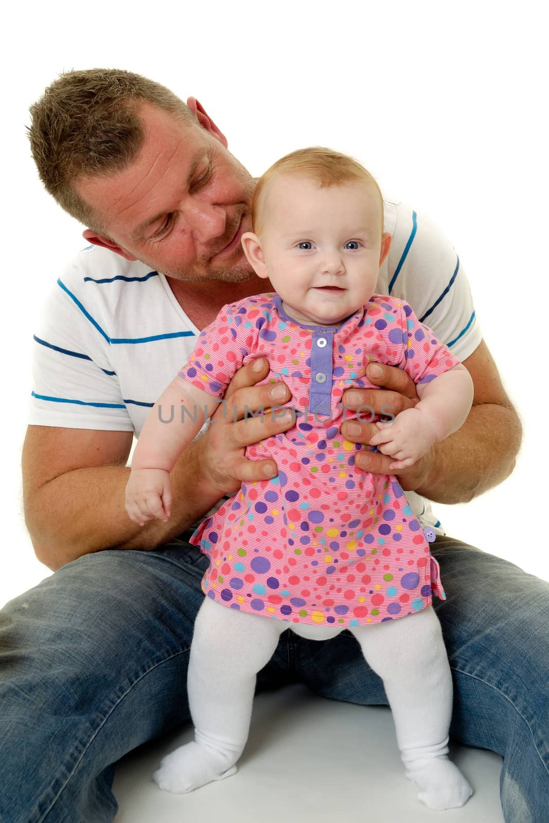 Happy and smiling baby and father. The baby 3 month old. Isolated on a white background.