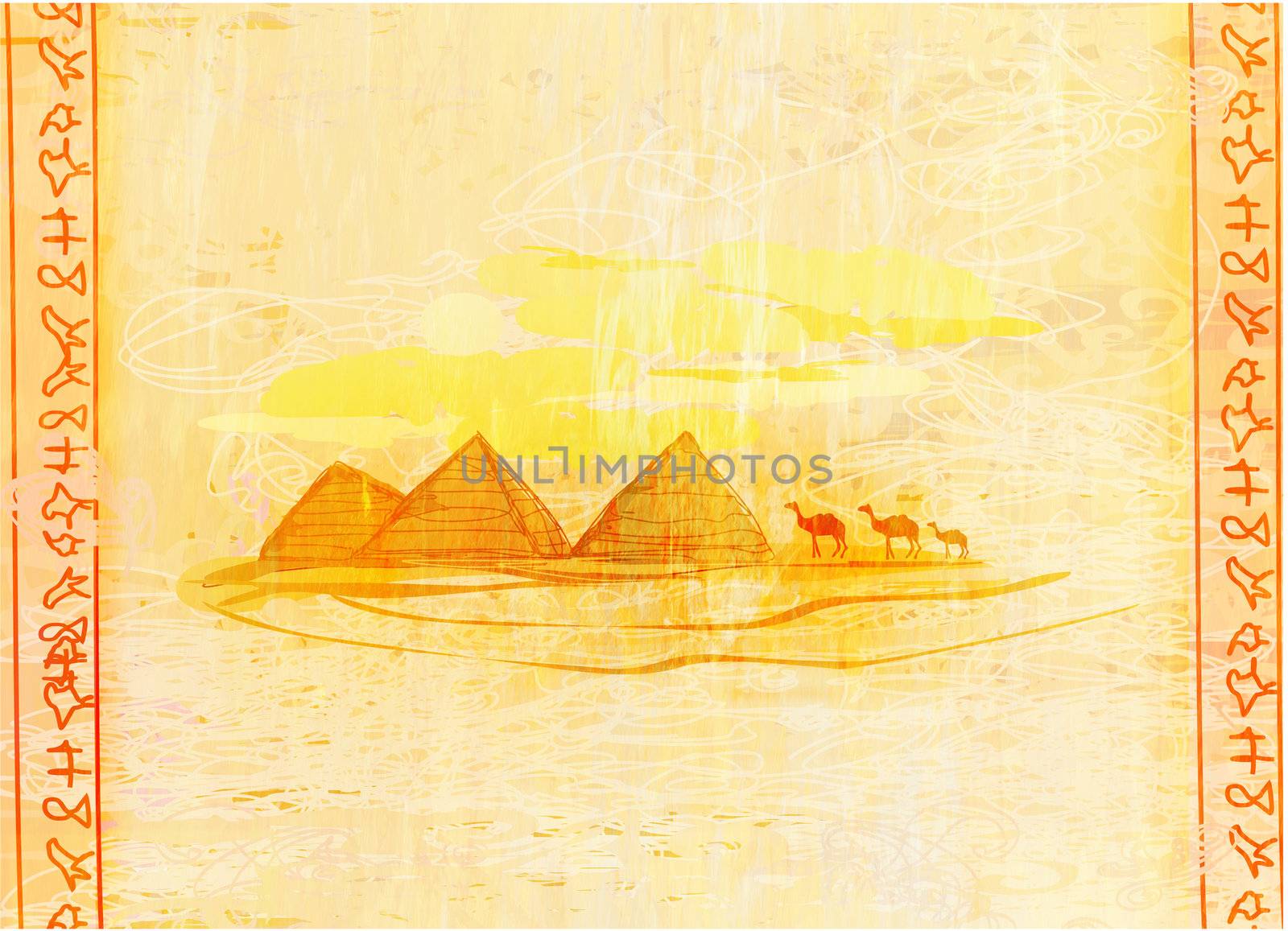 old paper with pyramids giza , raster