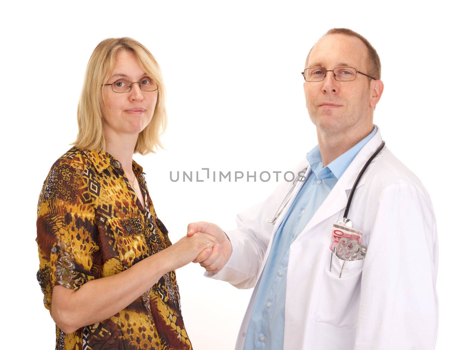 Medical doctor and patient handshaking