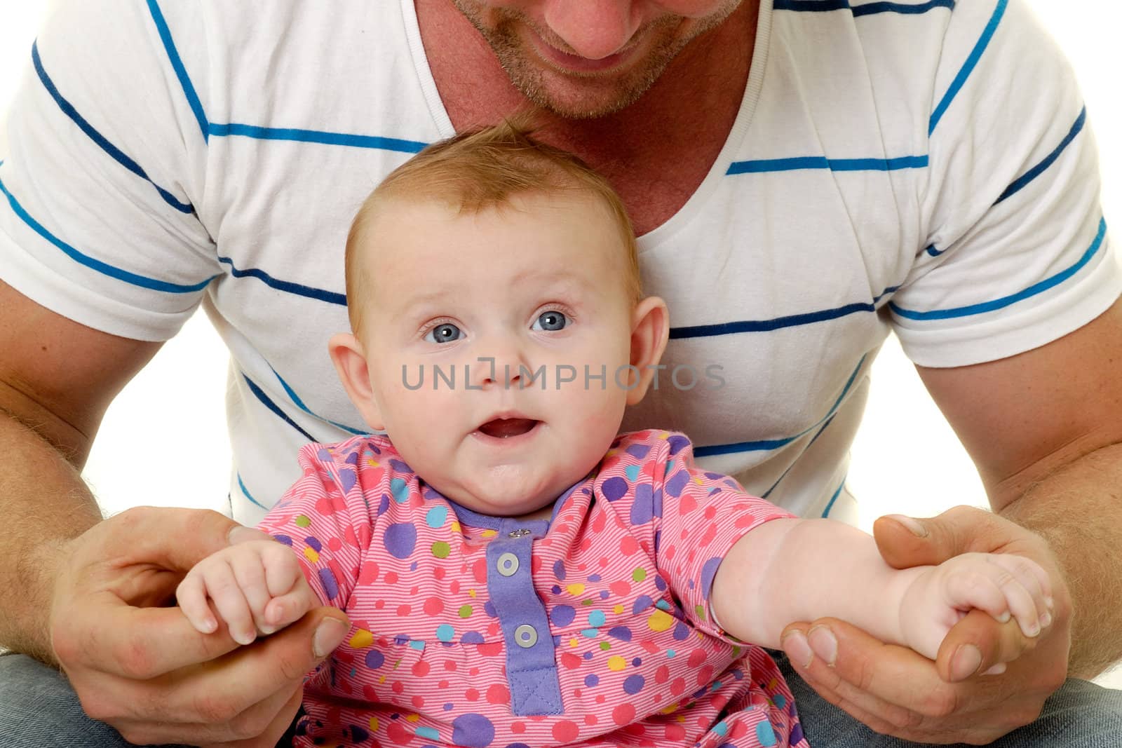 Happy and smiling baby and father. The baby 3 month old. Isolated on a white background.