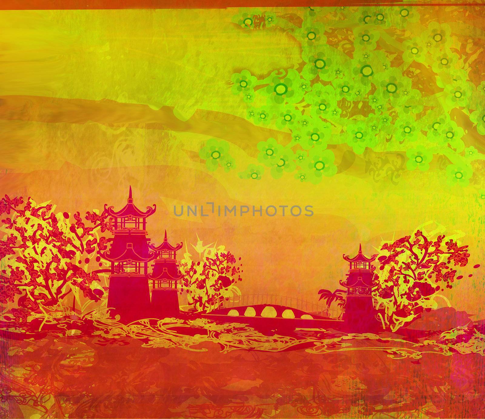 old paper with Asian Landscape