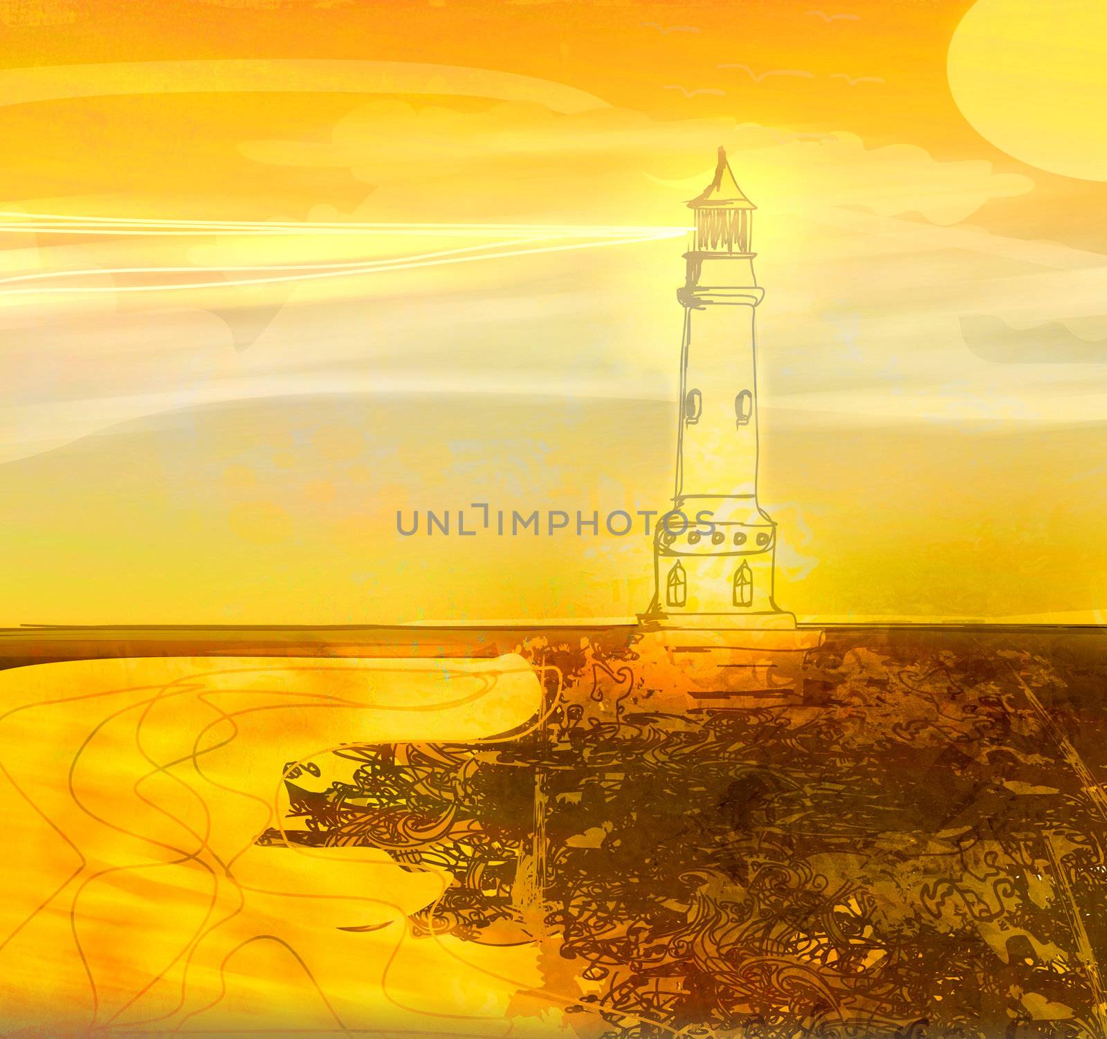 lighthouse seen from a tiny beach - Grunge Poster