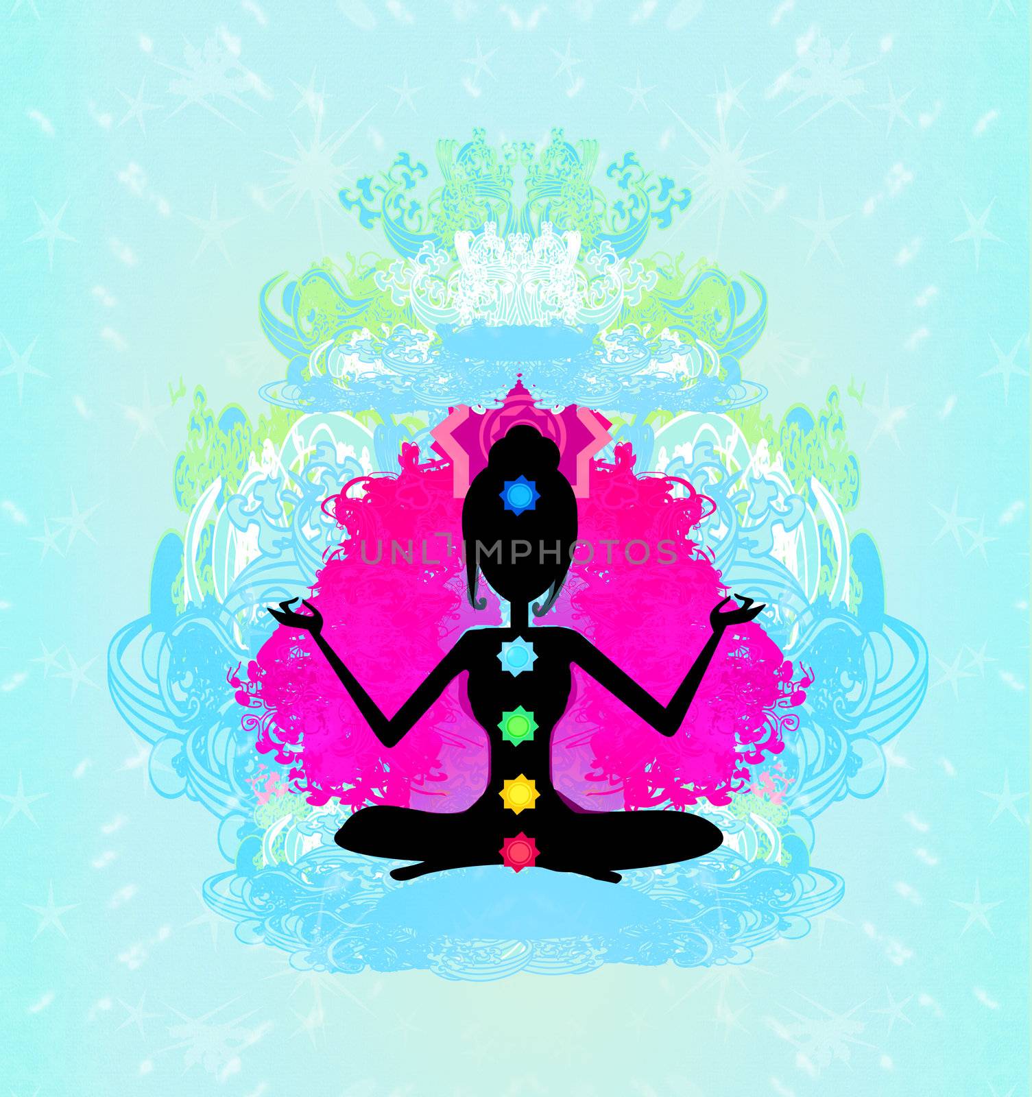 Yoga lotus pose. Padmasana with colored chakra points.