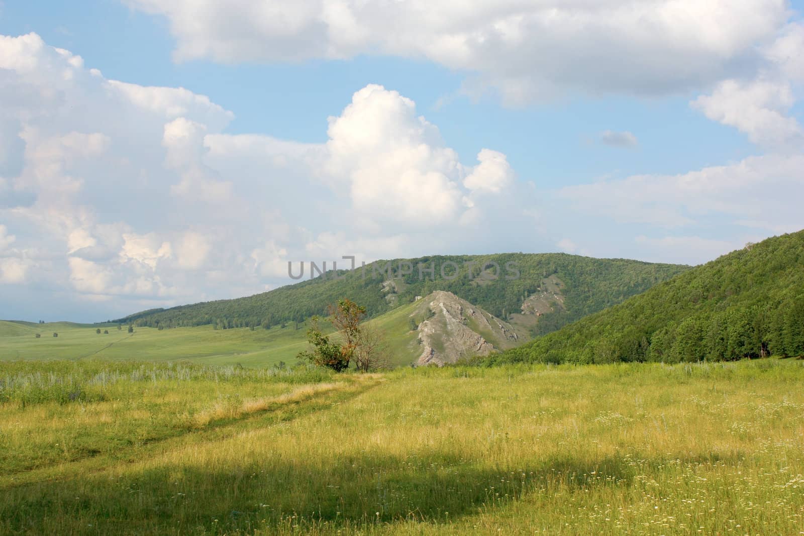 Beautiful summer landscape with mountains. Blue sky with clouds.