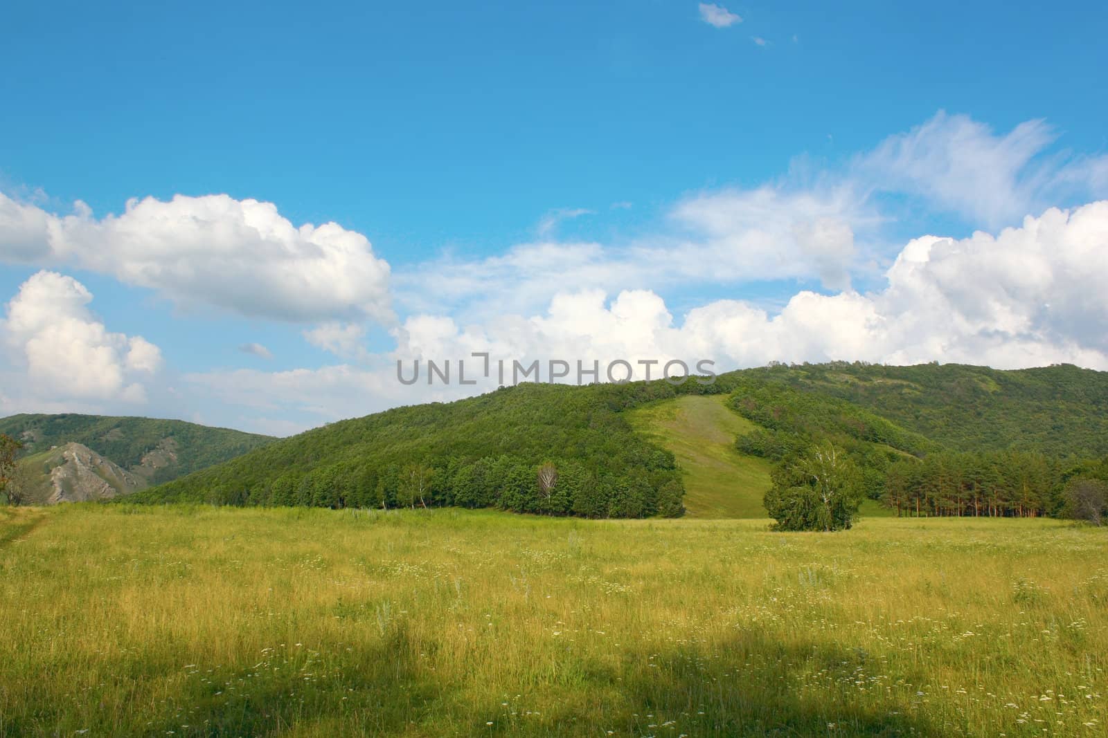 Summer landscape with mountains. Blue sky with clouds