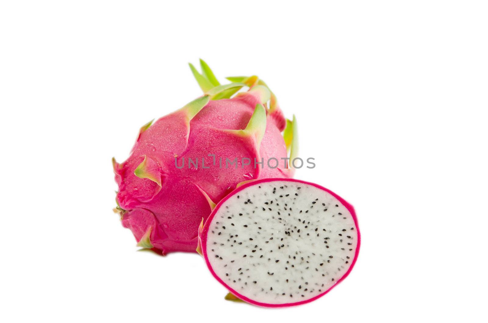 Dragon fruit or pitaya and half on white background