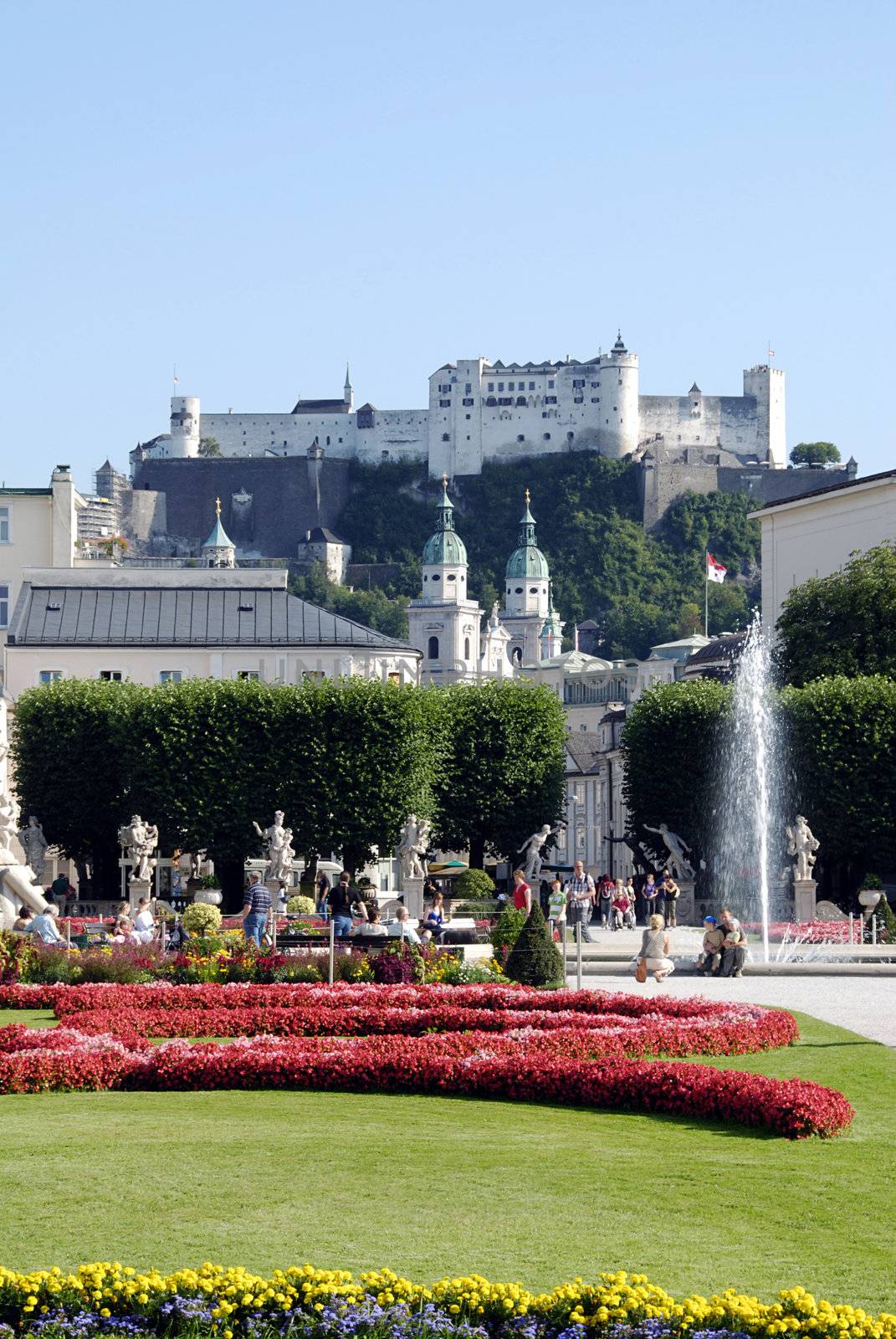 View at Austrian citySalzburg castle from the gardens 