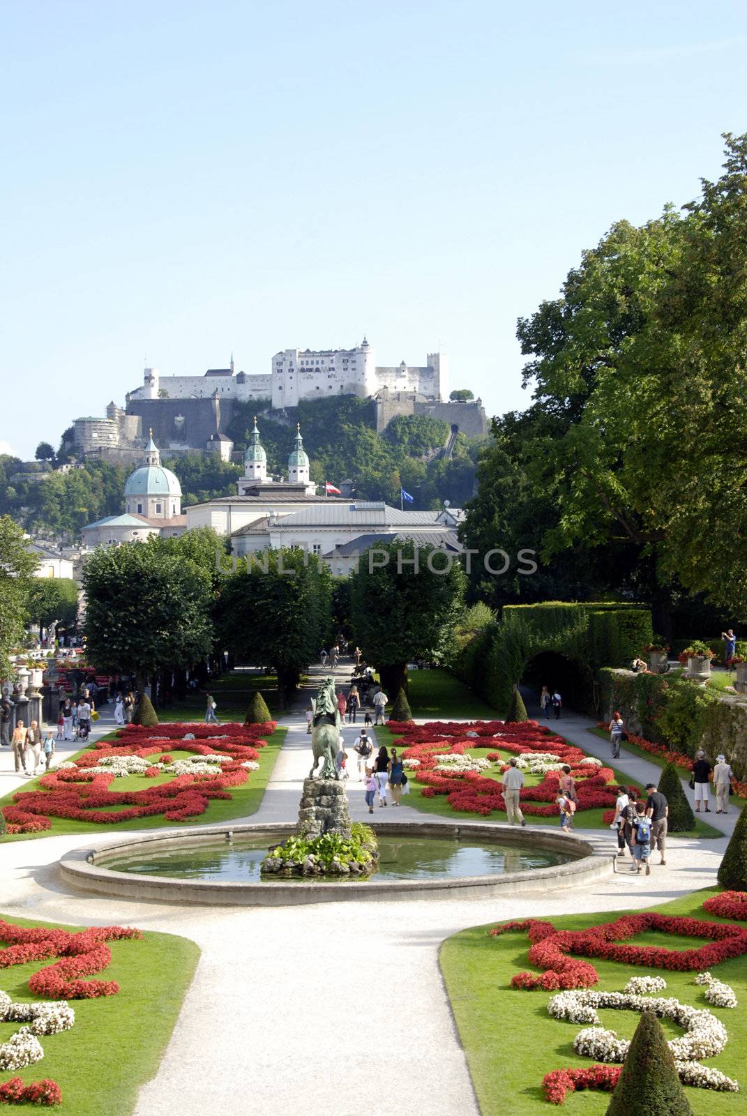 View at Austrian citySalzburg castle from the gardens 