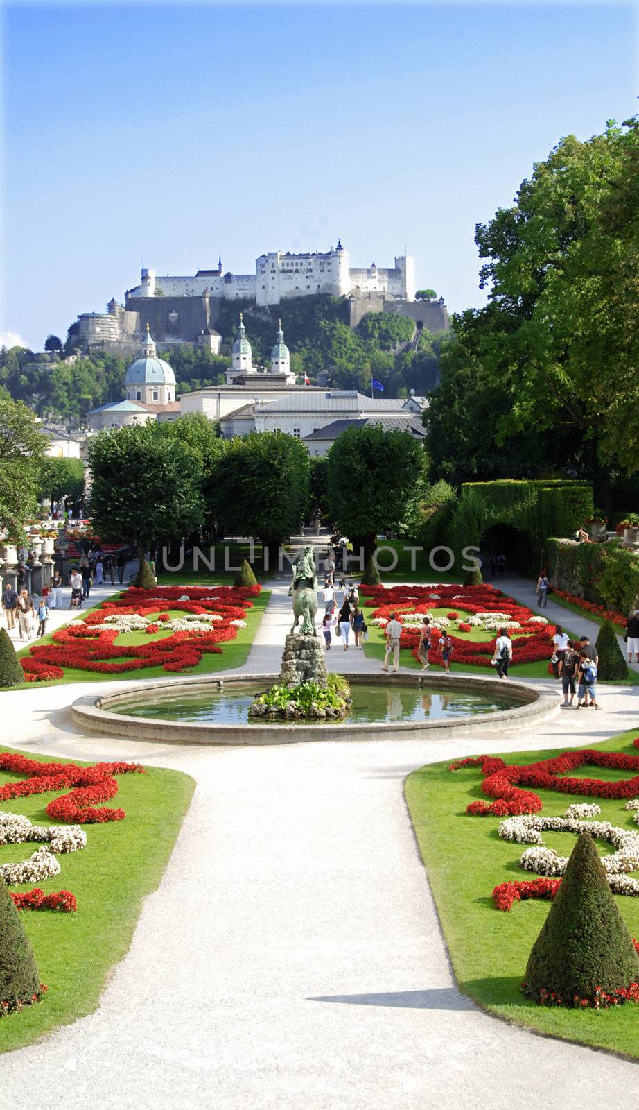View at Austrian citySalzburg castle from the gardens 