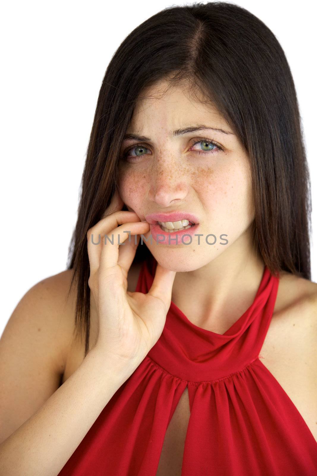 Beautiful female model suffering paing because of toothache by fmarsicano