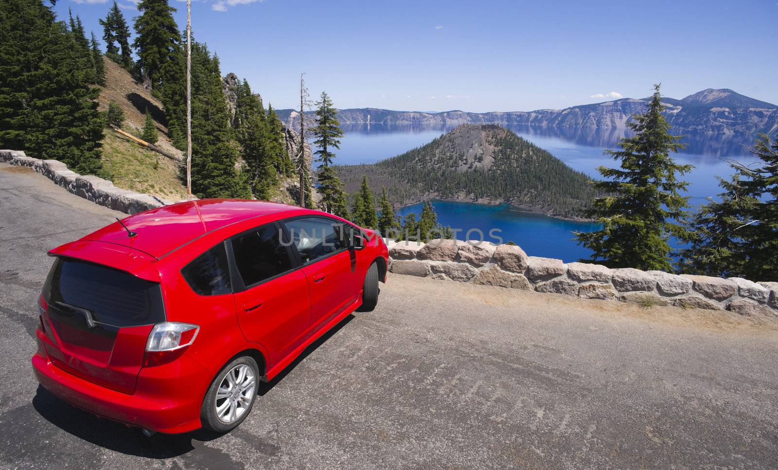 A Car is stopped at Crater Lake Oregon in the United States