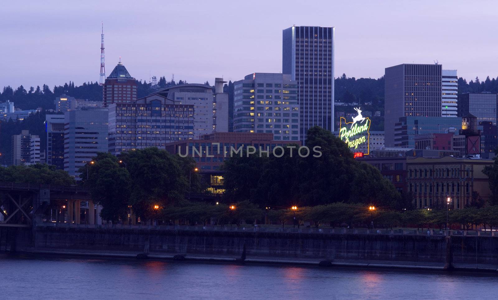 Portland Oregon across the Willamette River at Dusk