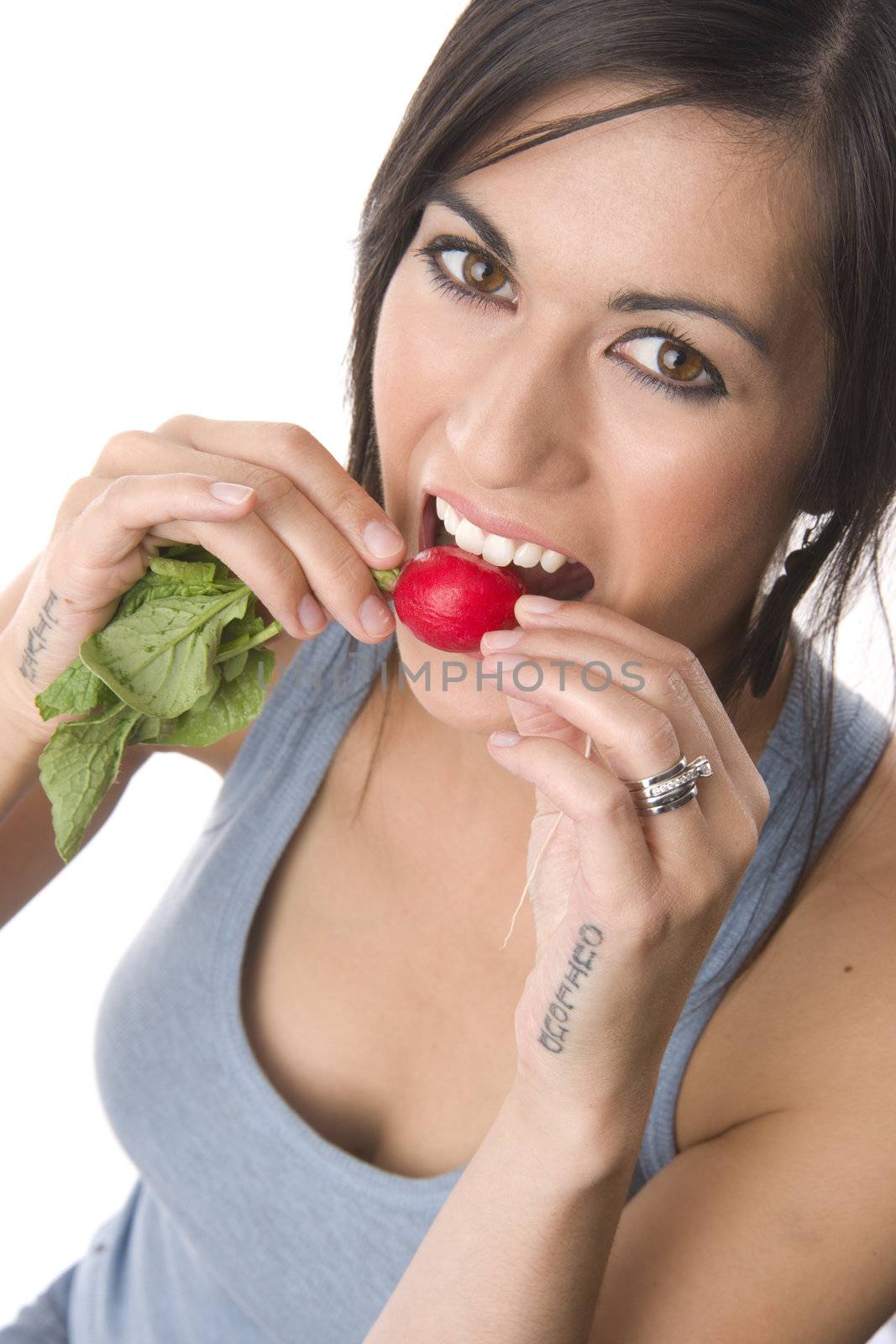 Beautiful Brunette Eats Radish