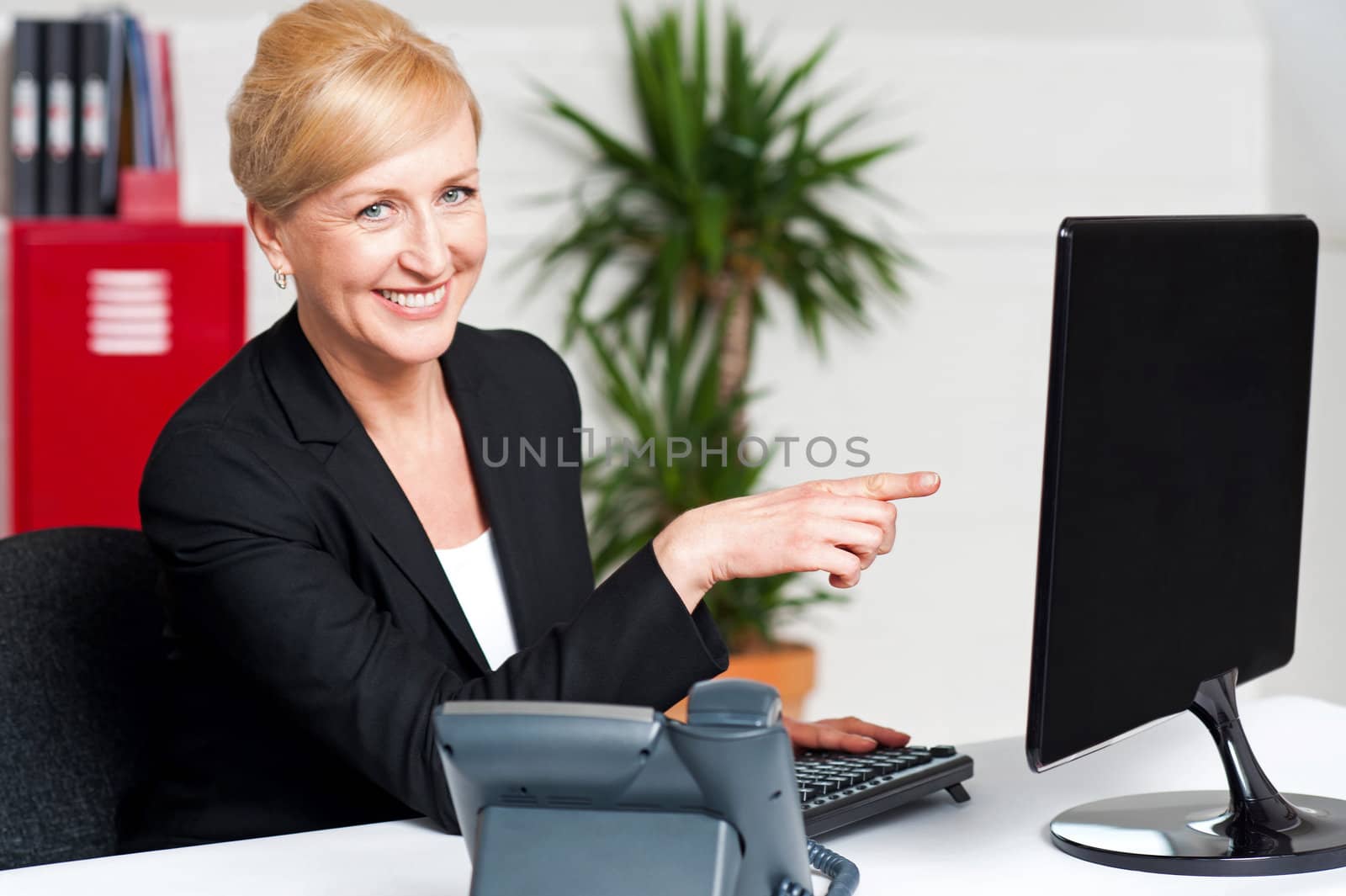 Businesswoman pointing at computer screen, seated in office