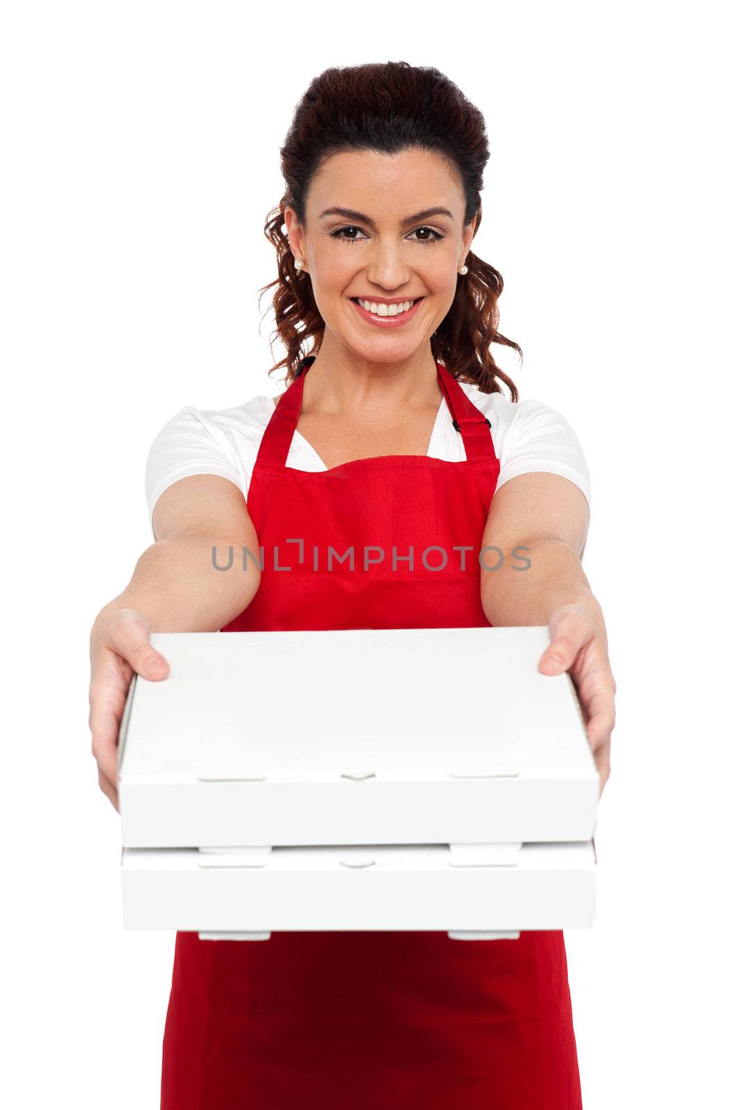 Here is your order sir. Hot pizza at your doorstep. Enjoy your meal. Woman delivering pizza