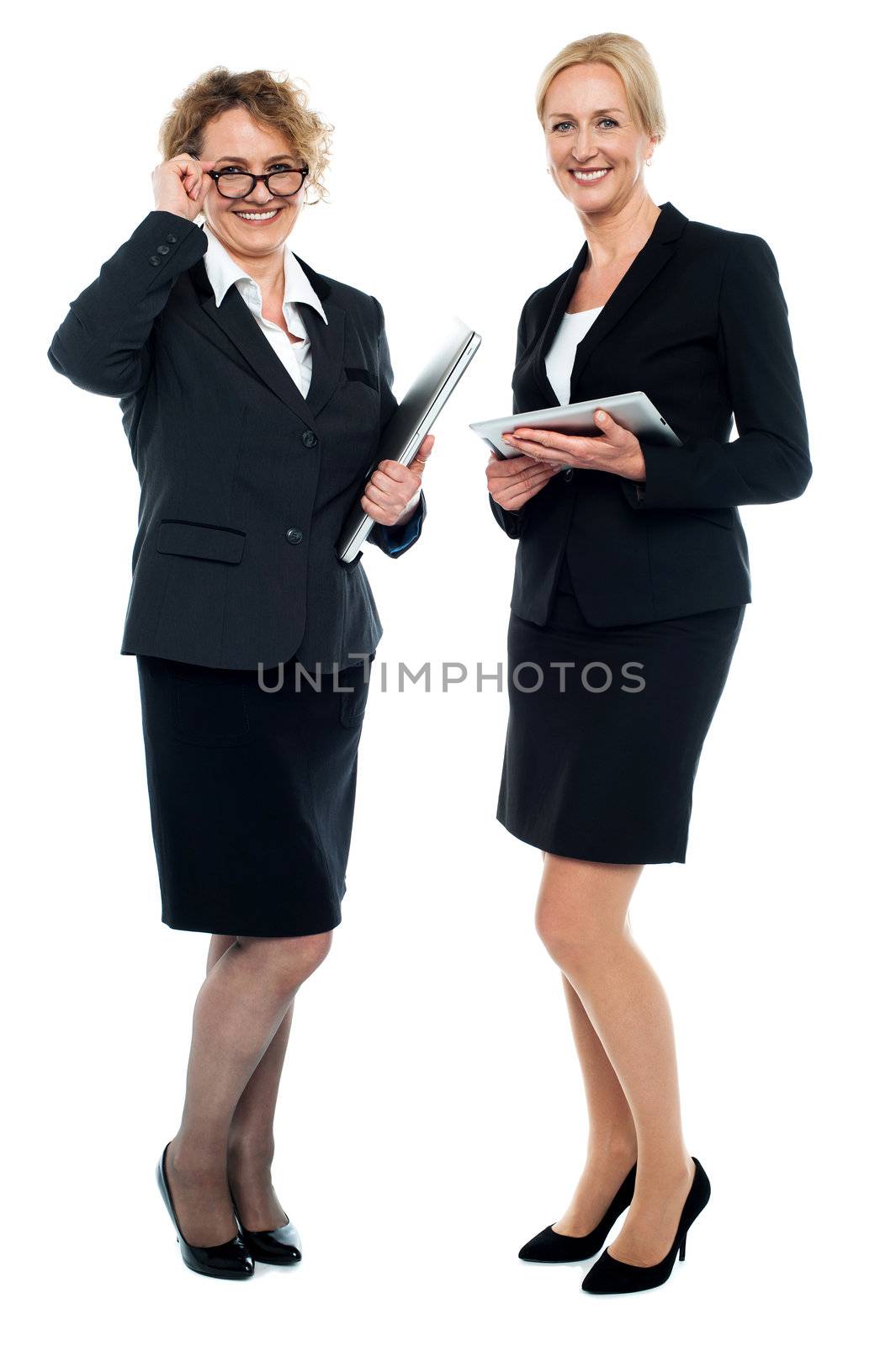 Senior business executives exploring business ideas. All on white background