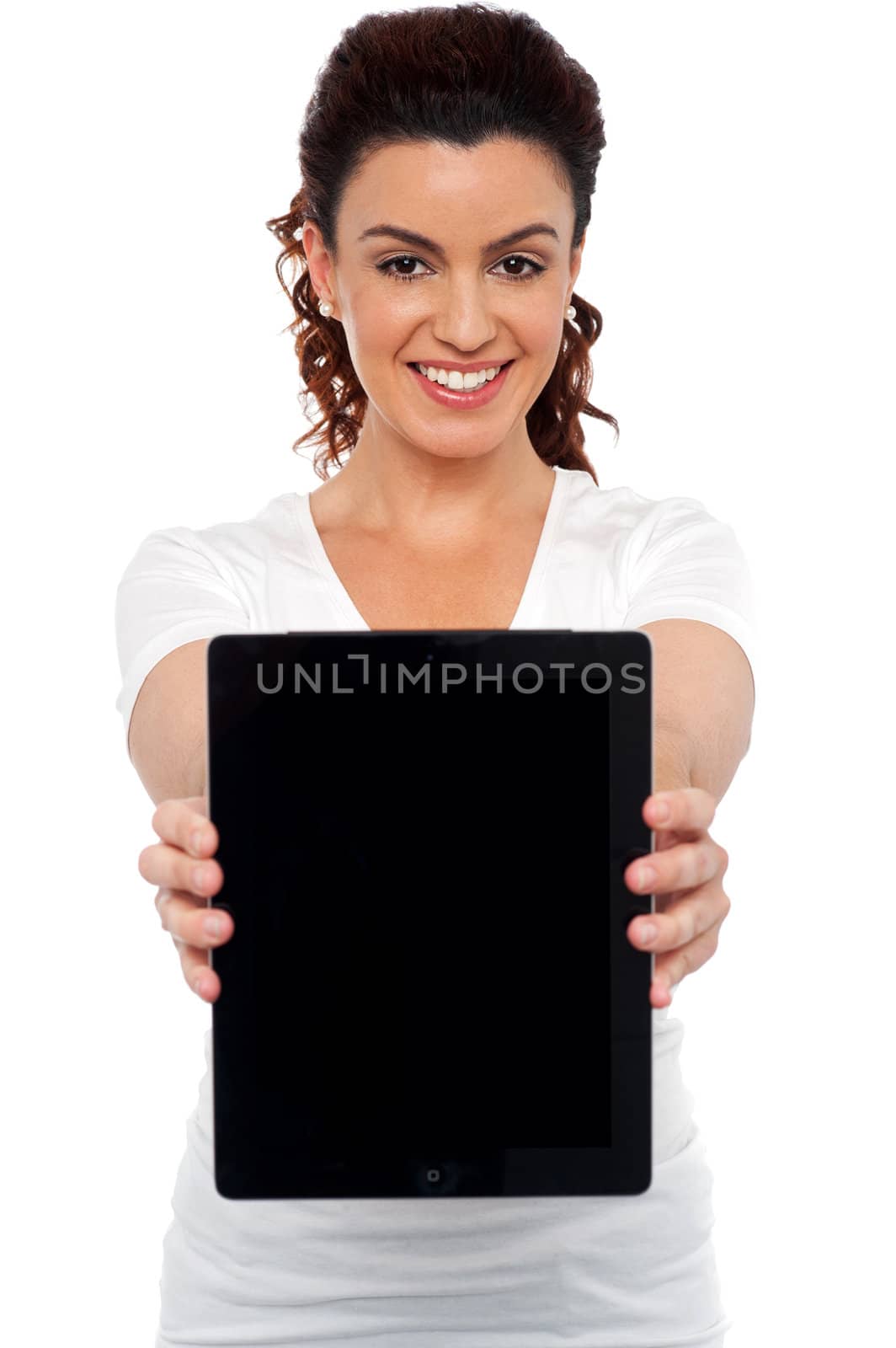 Woman holding tablet device, showing it to camera. Al on white background
