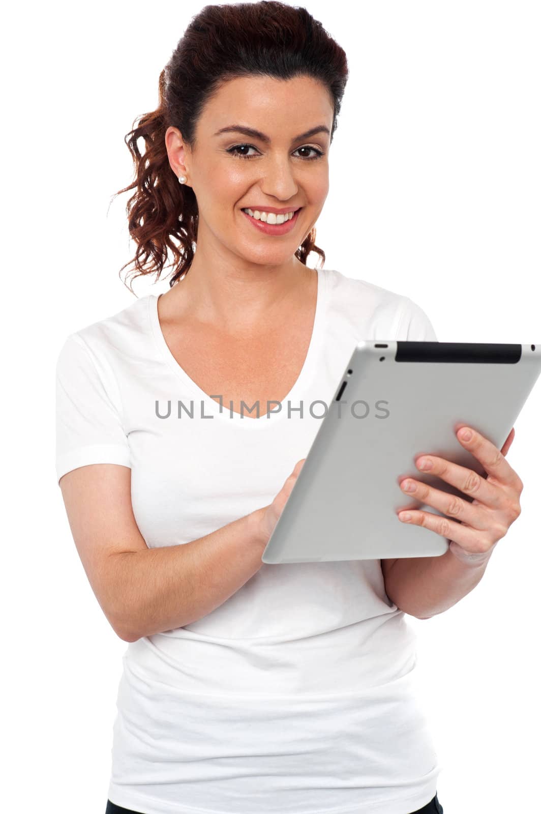 Pretty woman using tablet device isolated against white background