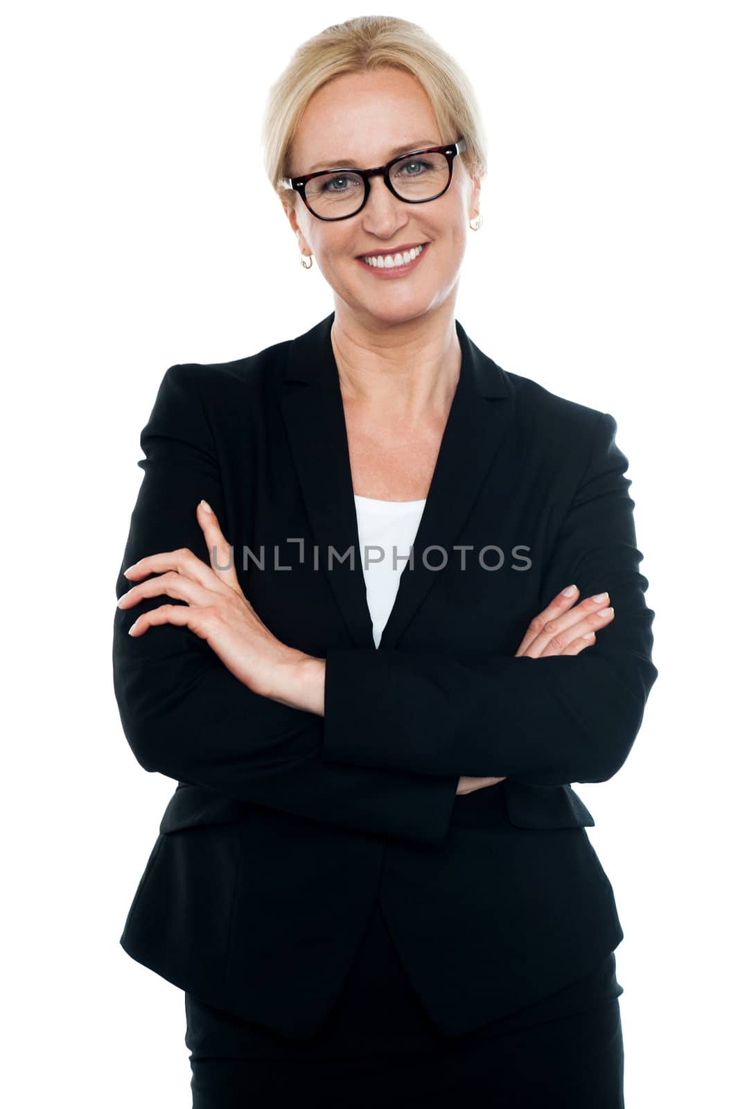 Businesswoman with crossed arms wearing glasses isolated against white background