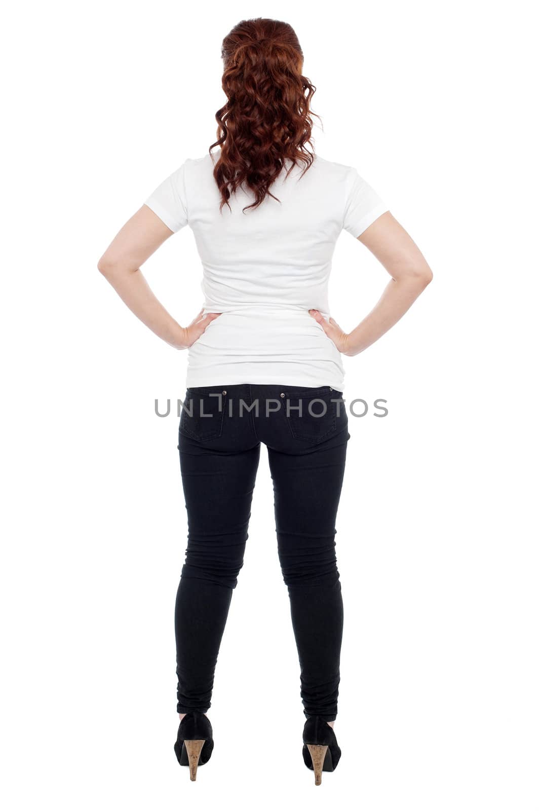 Rear view of a young woman over white background