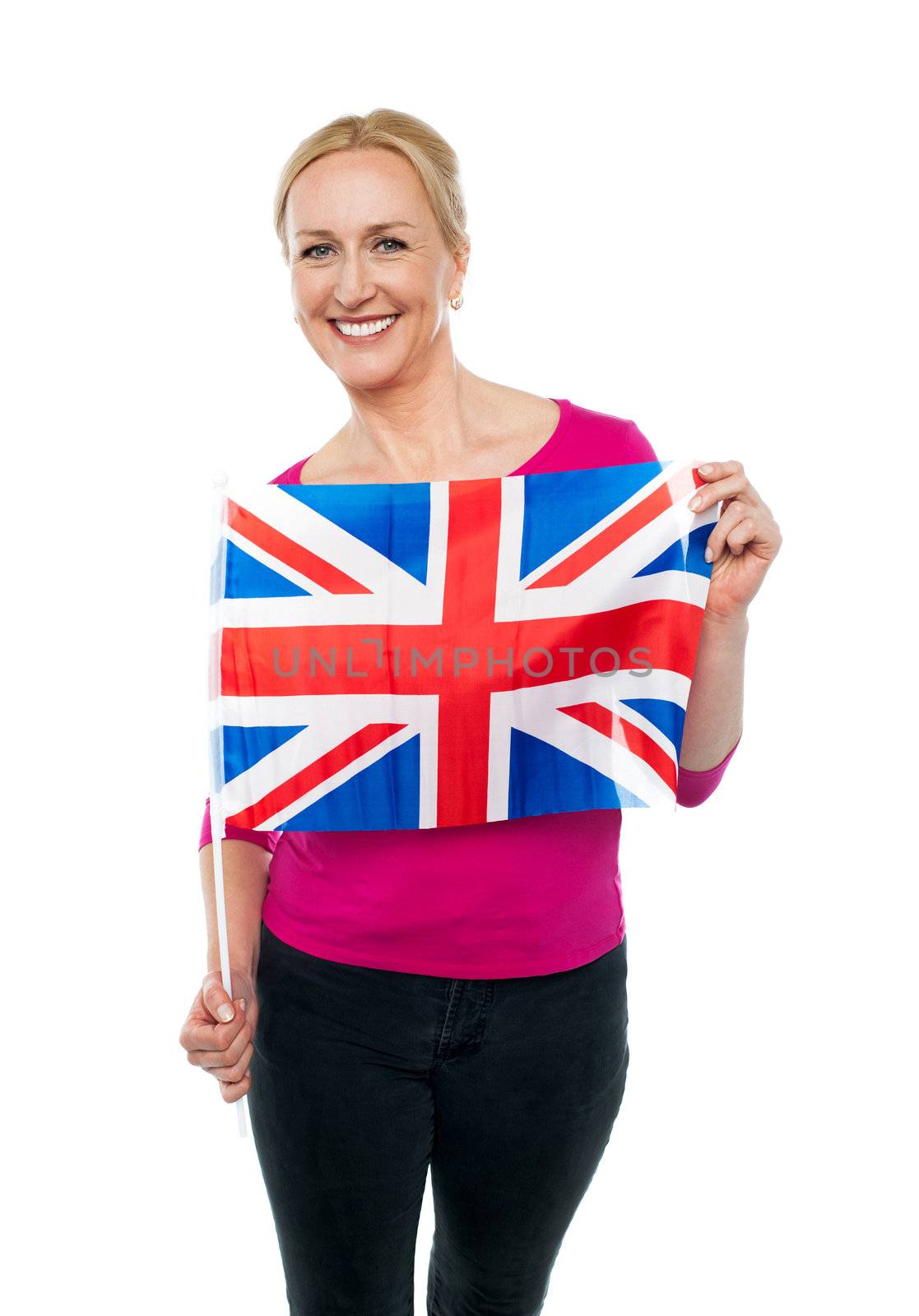 Cheerful female supporter holding national flag isolated against white background