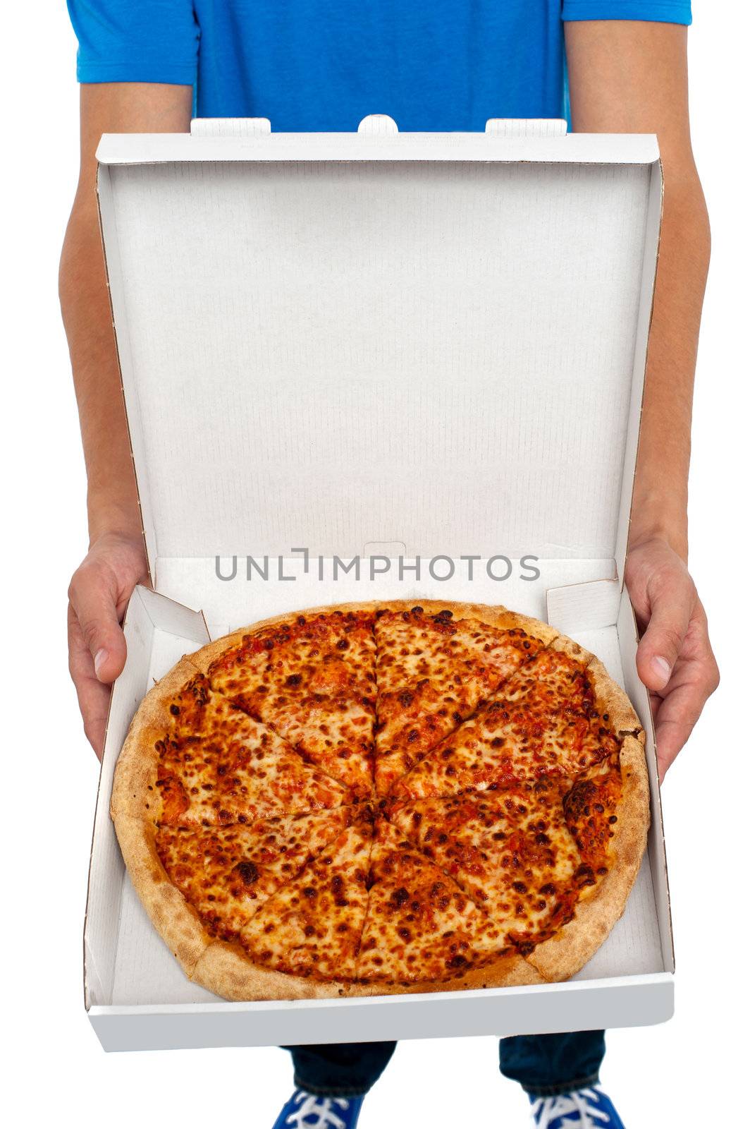 A person showing an open pizza box isolated over white back ground.