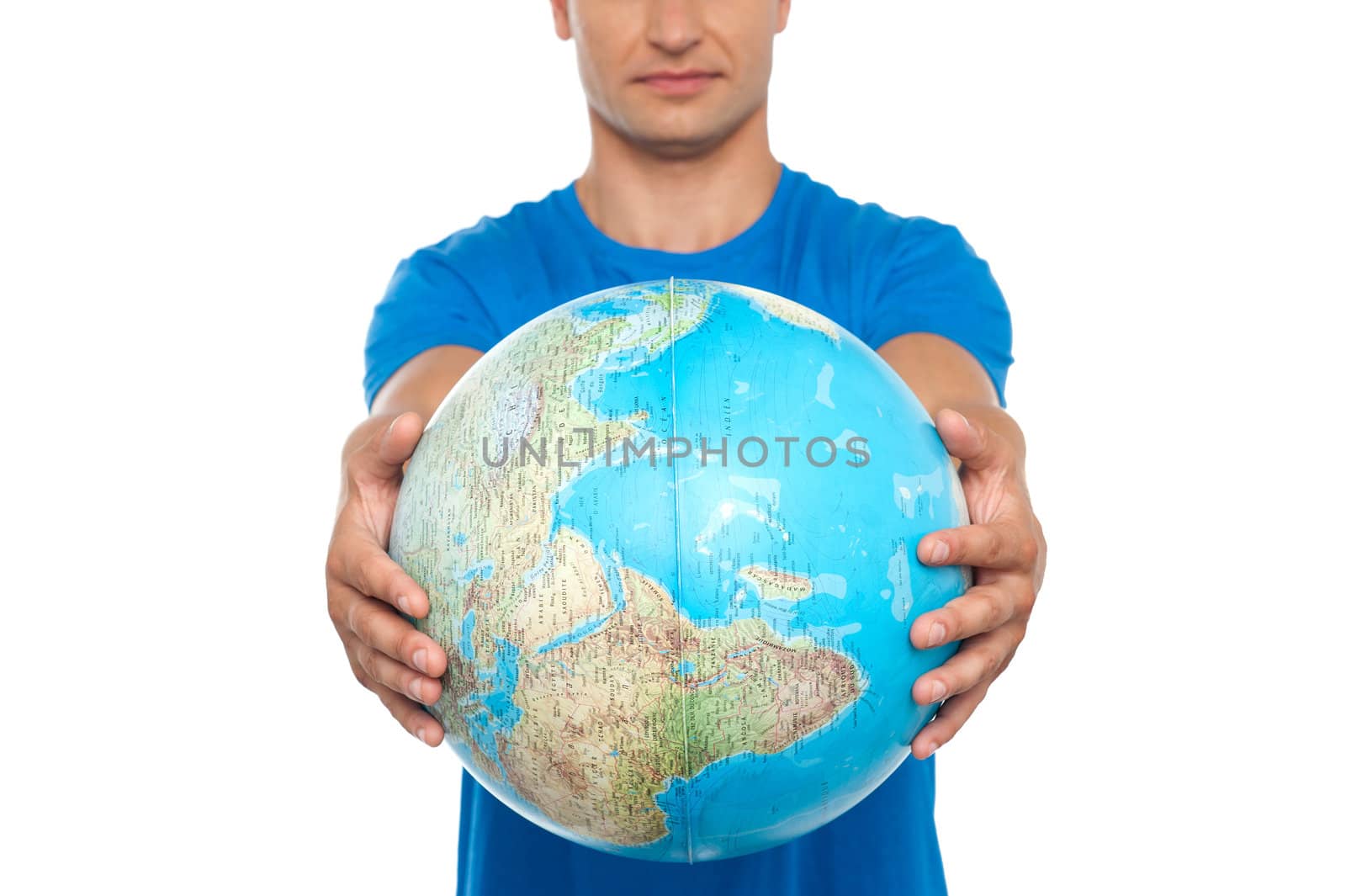 Closeup shot of man holding globe isolated over white