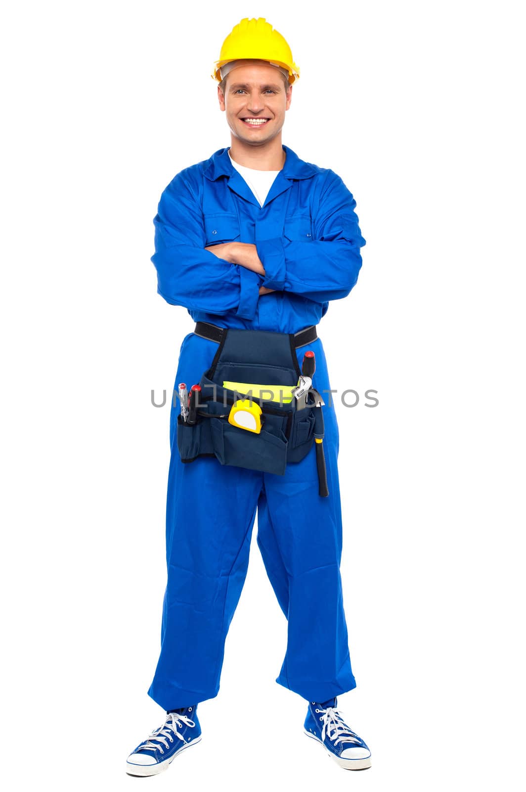 Industrial contractor posing with crossed arms isolated over white background