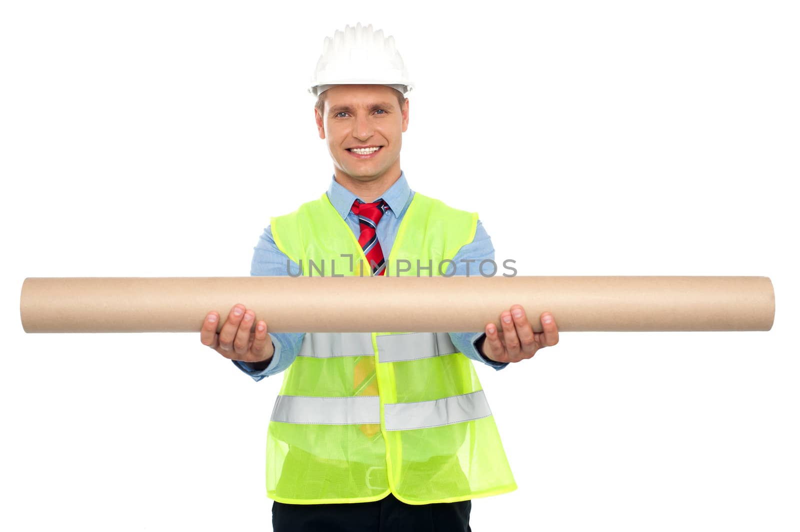 Successful male architect presenting blueprints to you