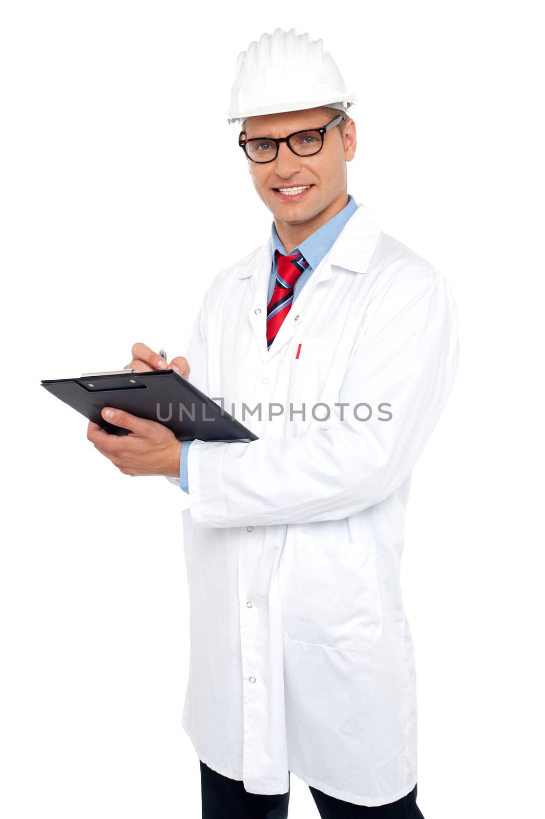 Engineer preparing report looking at you. All on white background
