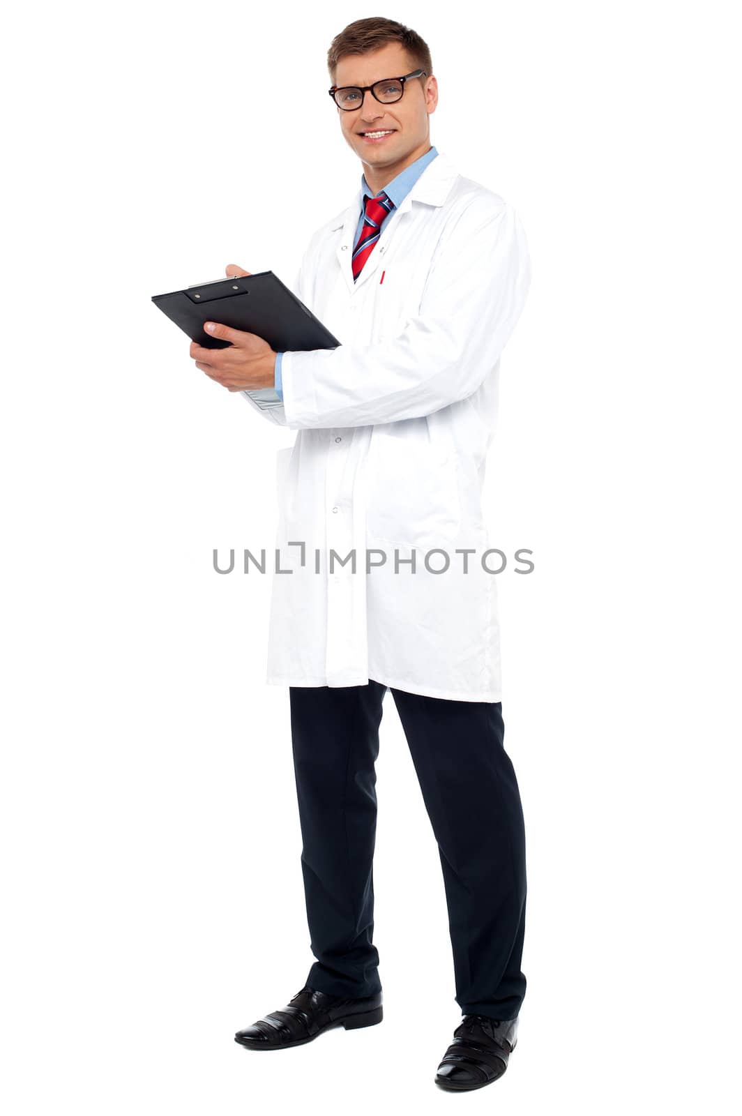 Full length shot of physician posing with clipboard isolated on white background