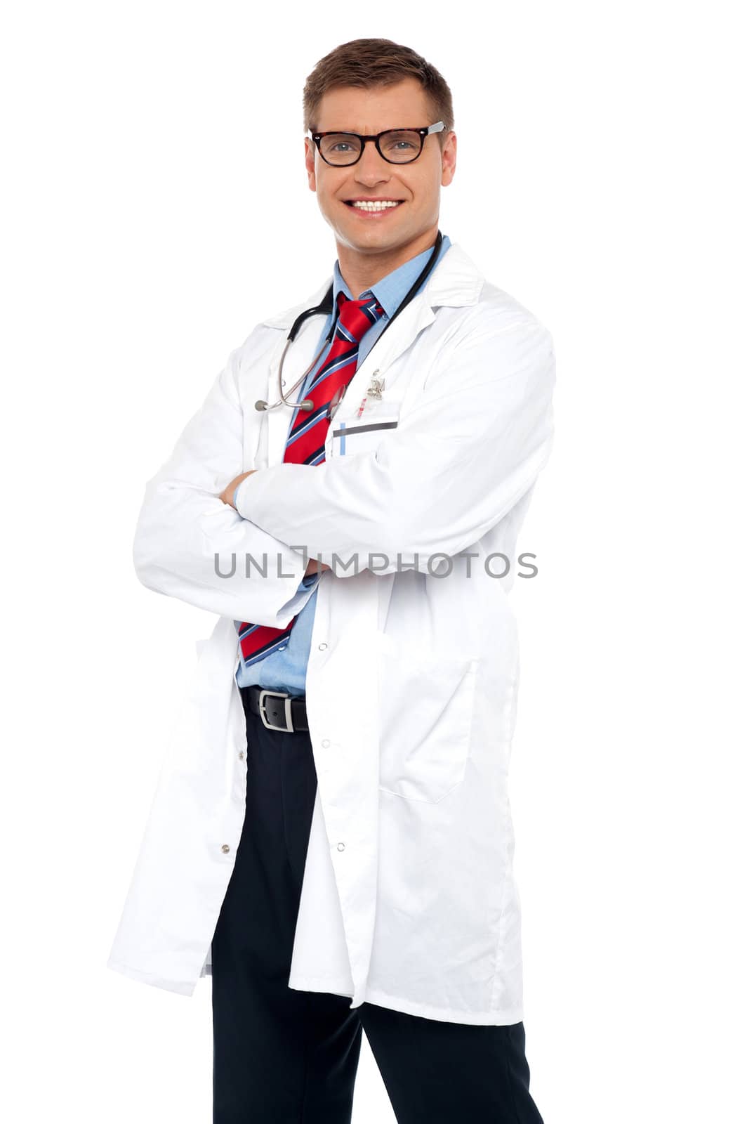 Cheerful young physician wearing eyeglasses. Arms crossed, half length portrait
