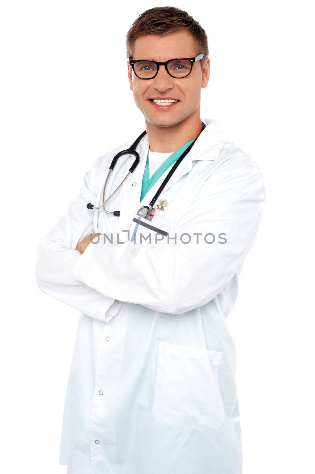 Confident smiling physician posing with arms crossed against white background