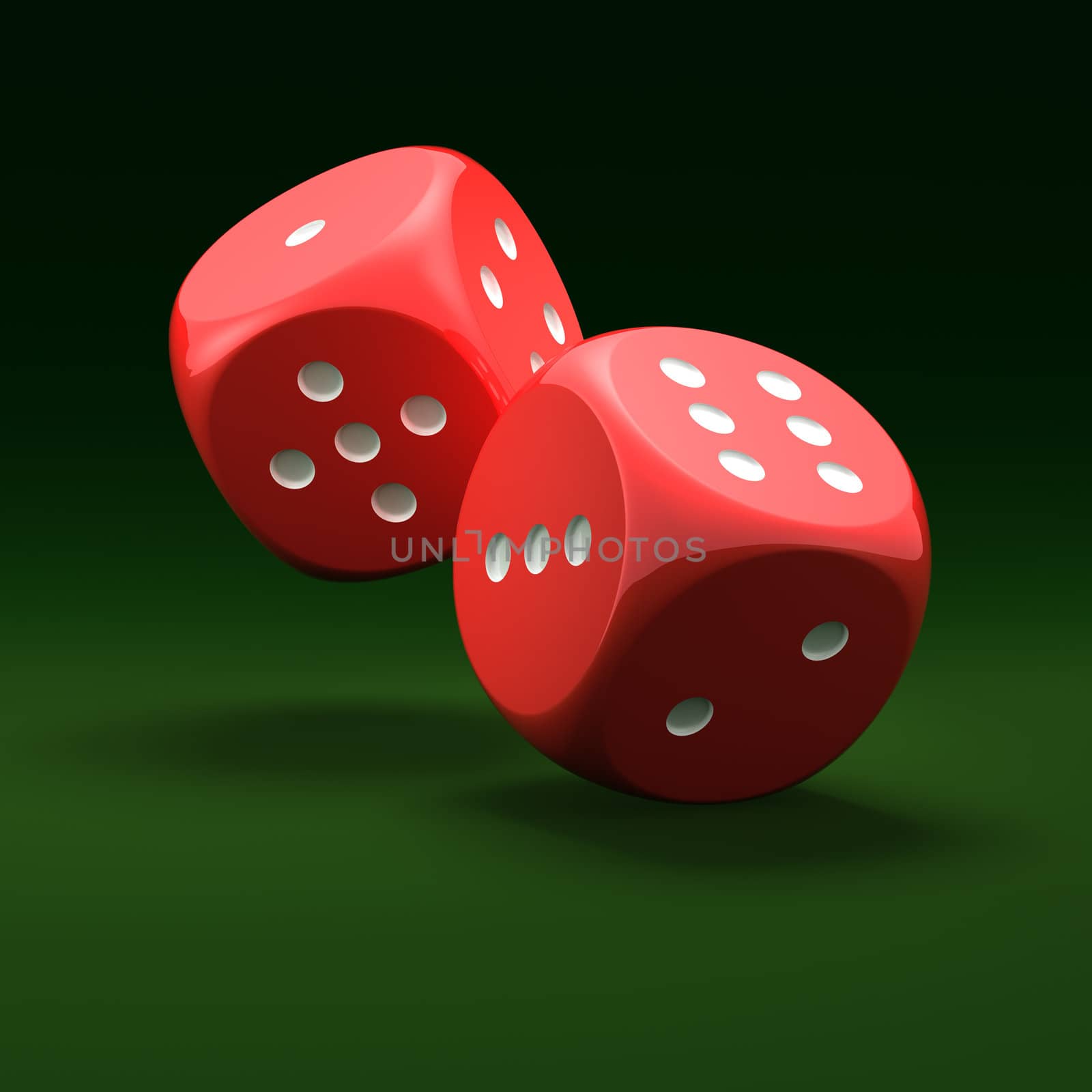 Red dice on green background