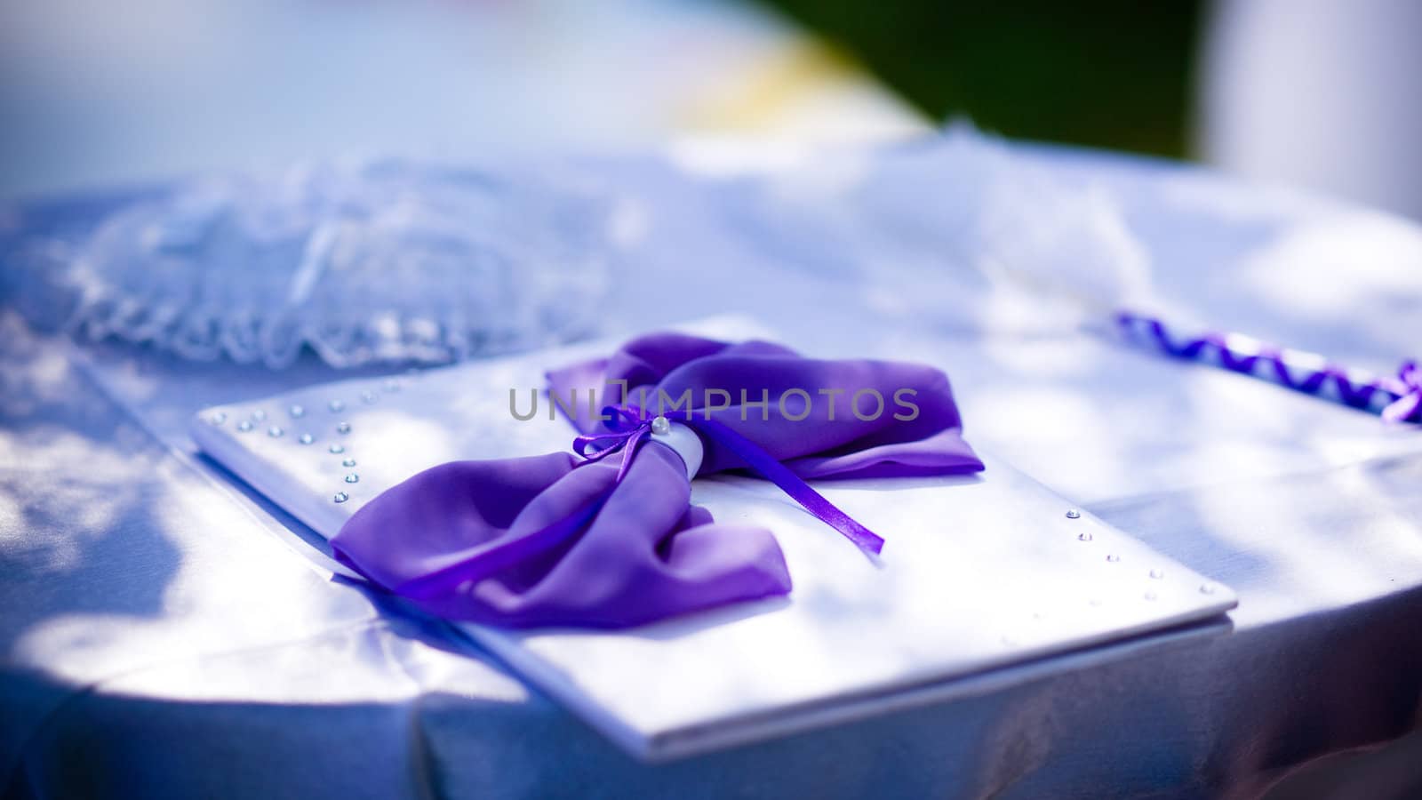 Wedding portfolio decorated with purple bow