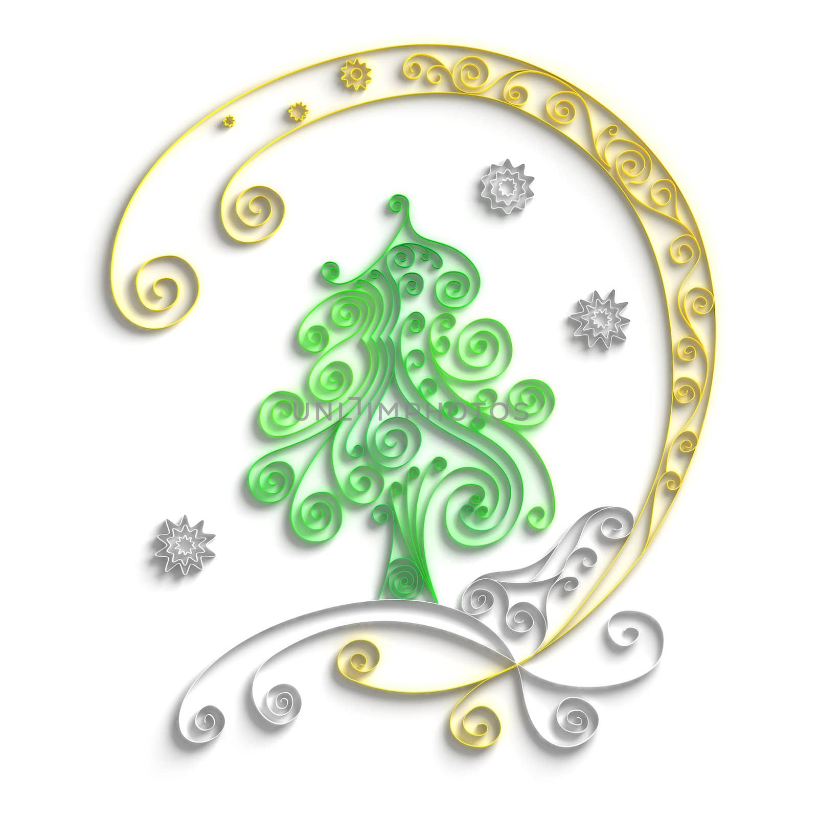 Ornamental design of christmas tree on white background, 3d quilling artwork