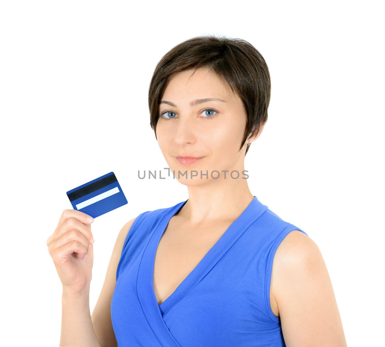 Pretty young woman showing credit card. Isolated on white.