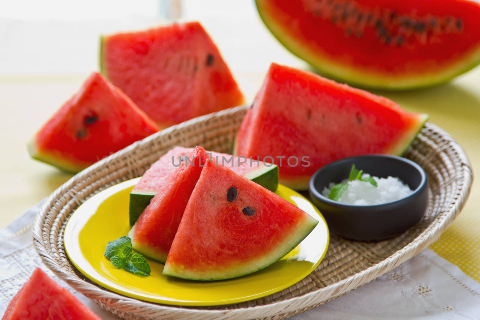Fresh watermelon with salt and mint