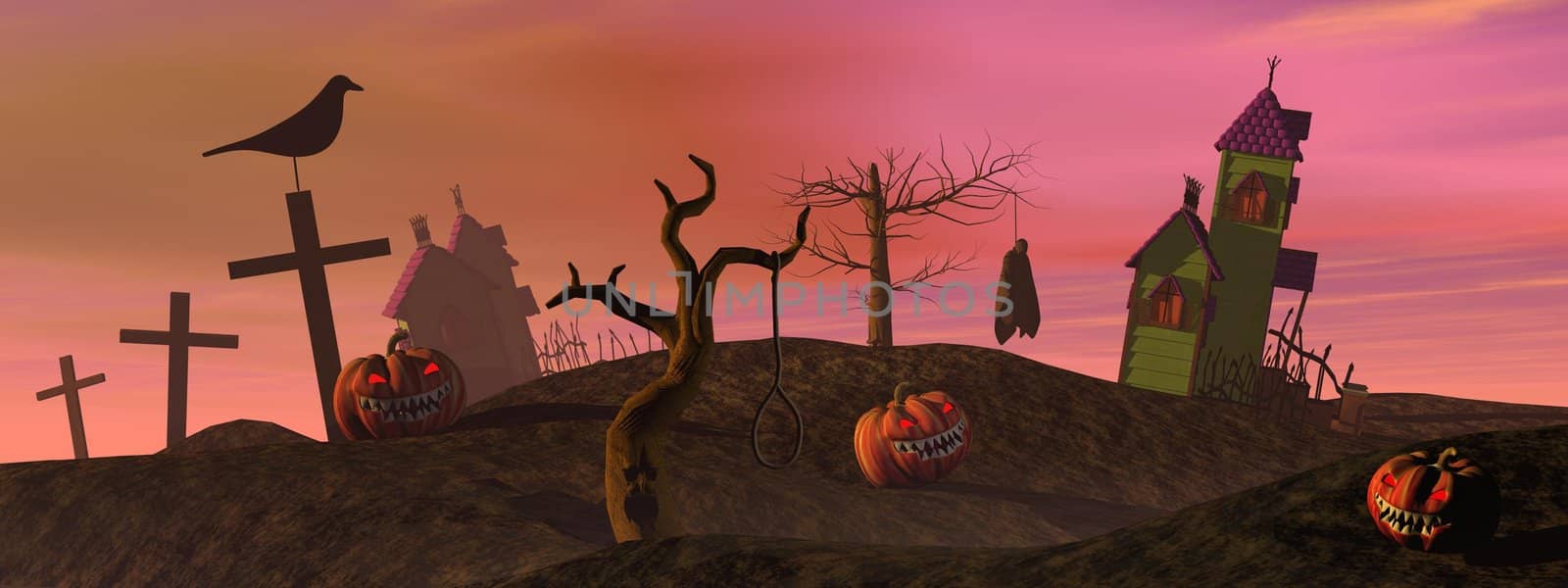 Halloween pumpkins and houses, trees, crosses, crow and dead man by colorful sunset