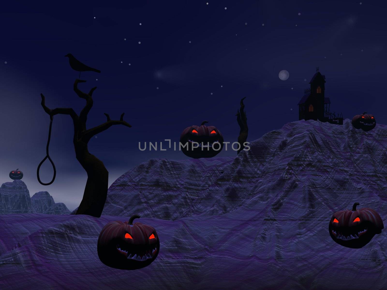 Halloween pumpkins and houses, trees, crosses, crow and dead man by dark night