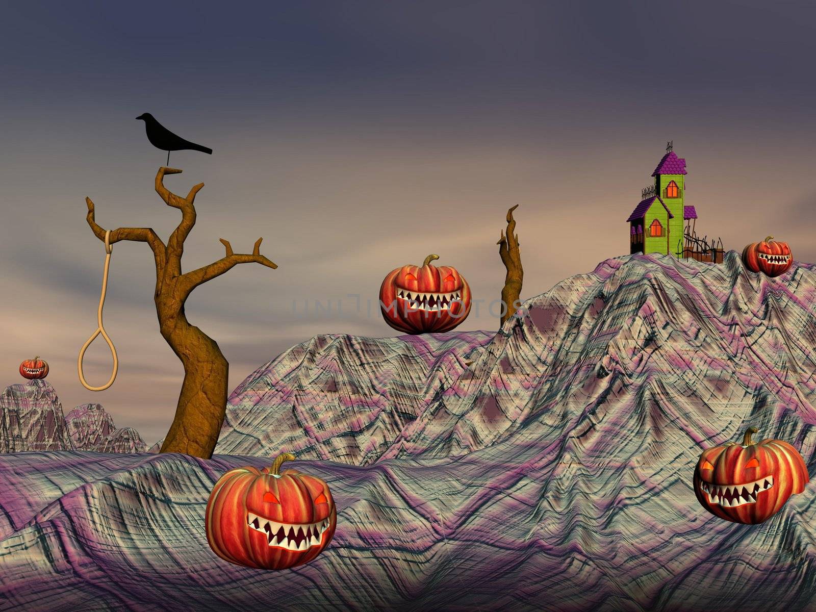 Halloween pumpkins and houses, trees, crosses, crow and dead man by colorful night