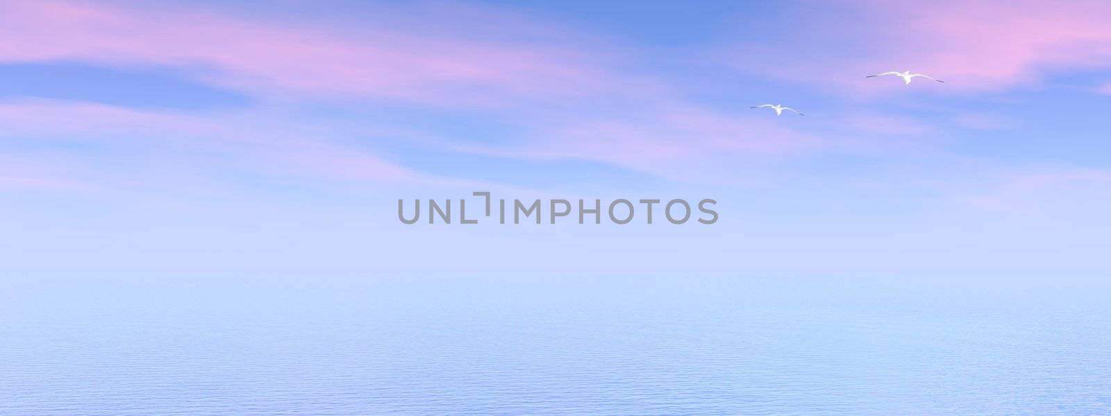 Quiet seagulls flying upon ocean by evening light