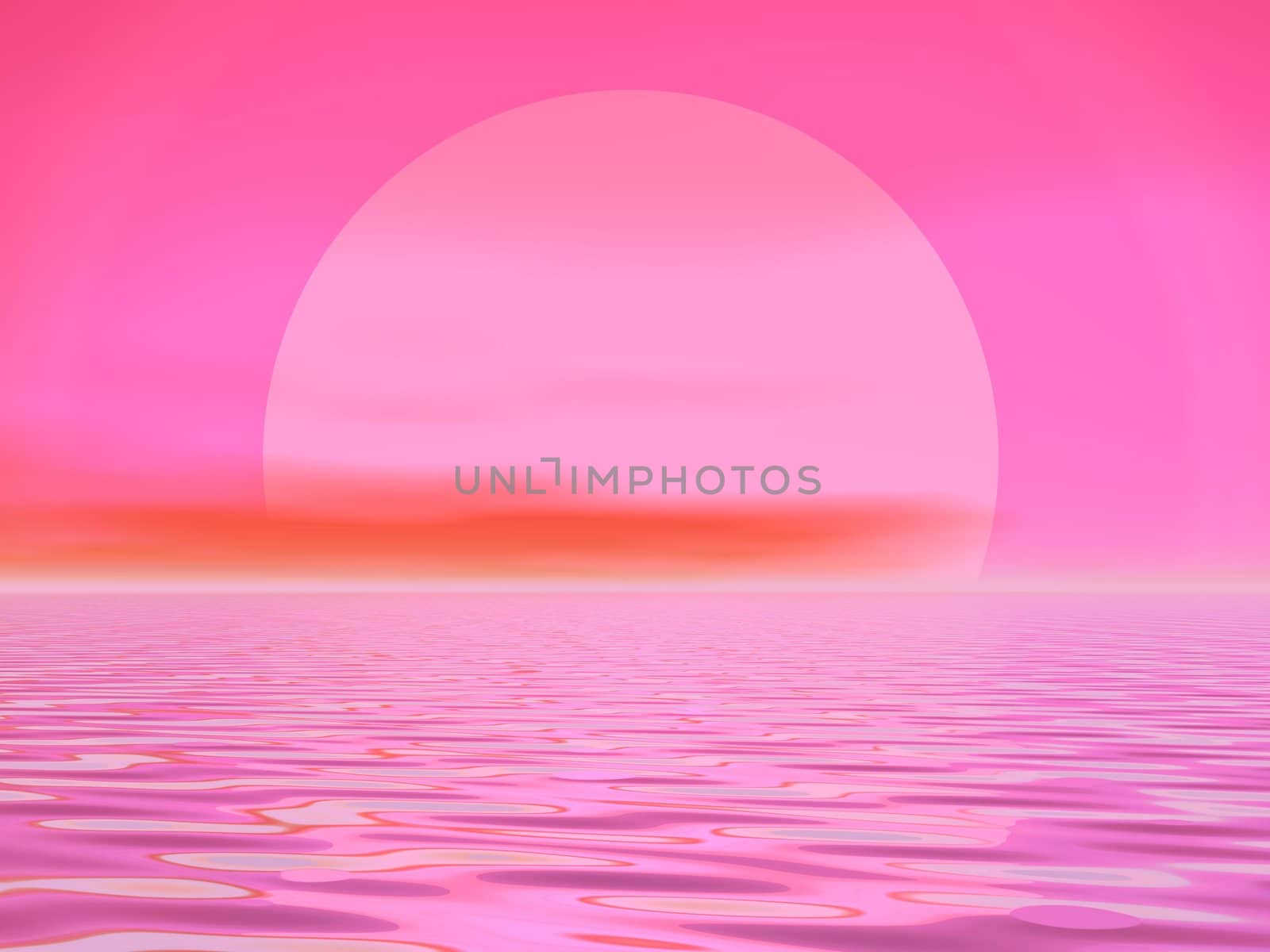 Big pink sun shining while sunset over the ocean