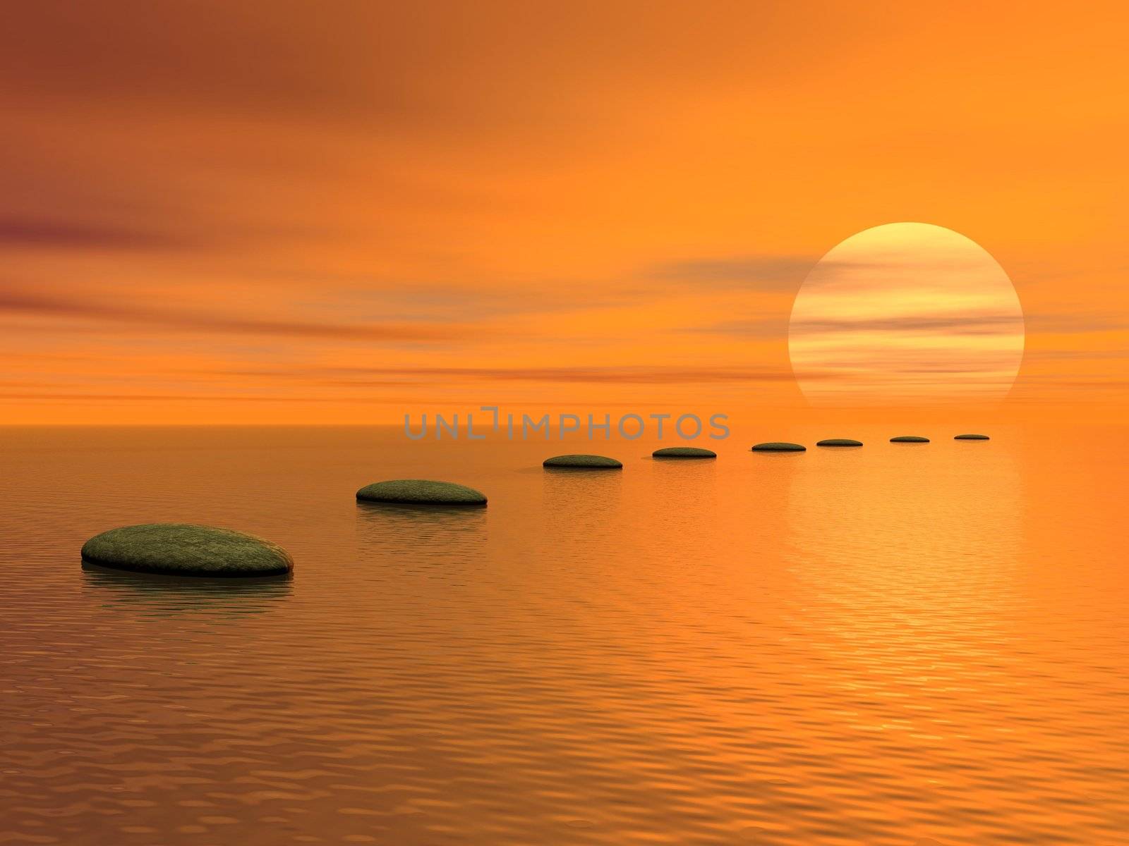 Grey stones steps upon the ocean going to the sun by cloudy sunset